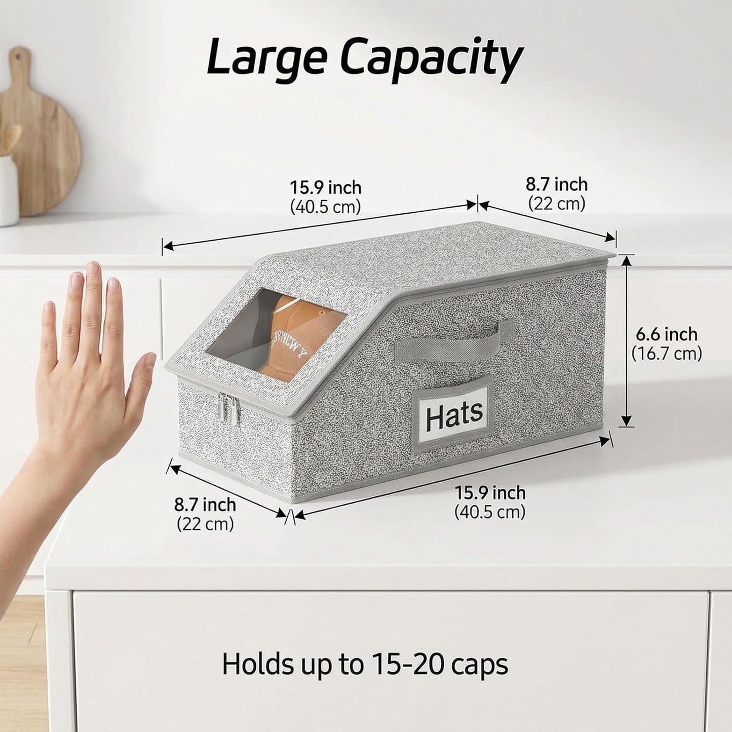 Stackable Hat Storage Organizer – 2-Pack Clear Window Cap Box, Holds 24 Baseball Caps, Snapbacks & Beanies, Grey Fabric