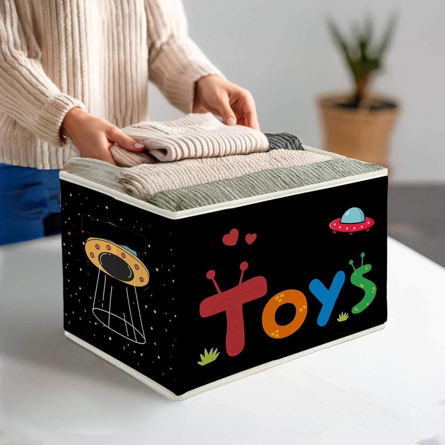 Space Nursery Storage Bins & Boxes with Handles, Outer Space Foldable Basket for Organizing, Galaxy Collapsible Storage Basket for Kids Boys Nursery Room Bedroom Playroom Clothes Toys Books