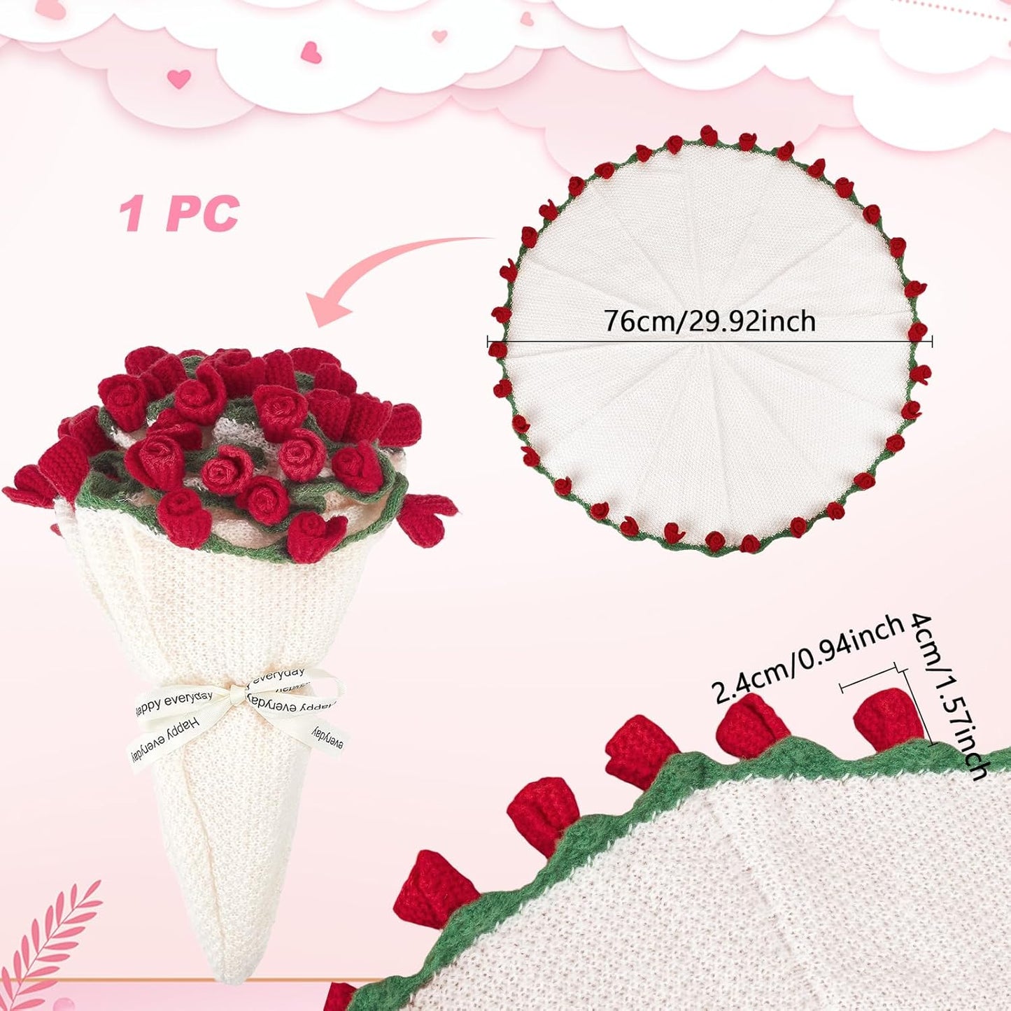 AHANDMAKER 1Pc Handmade Roses Flower Bouquet Blanket Red Roses Knitted Throw 29.9in Round Blanket for Valentine's Day Home Decor Christmas Wedding for Mom Women