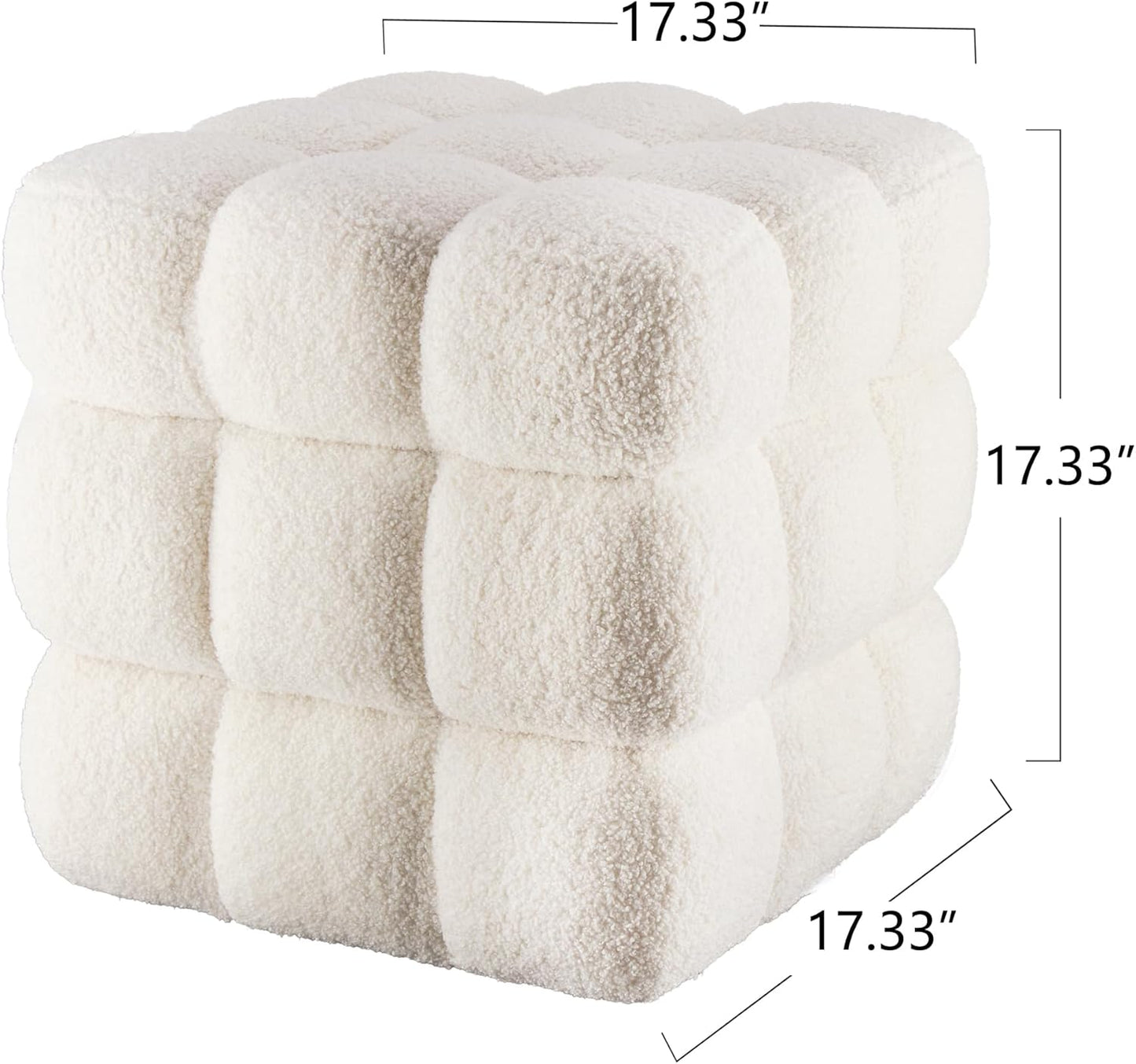 White Square Ottoman 17''3 Cube Pouf Installed,no Vacuum,Sturdy Wooden Frame,Capacity 330 lbs,Modern Sofa Stool Fuzzy Sherpa Footstool,Foot Rest,Cube Boucle,Vanity Stool,for Couch Living Room