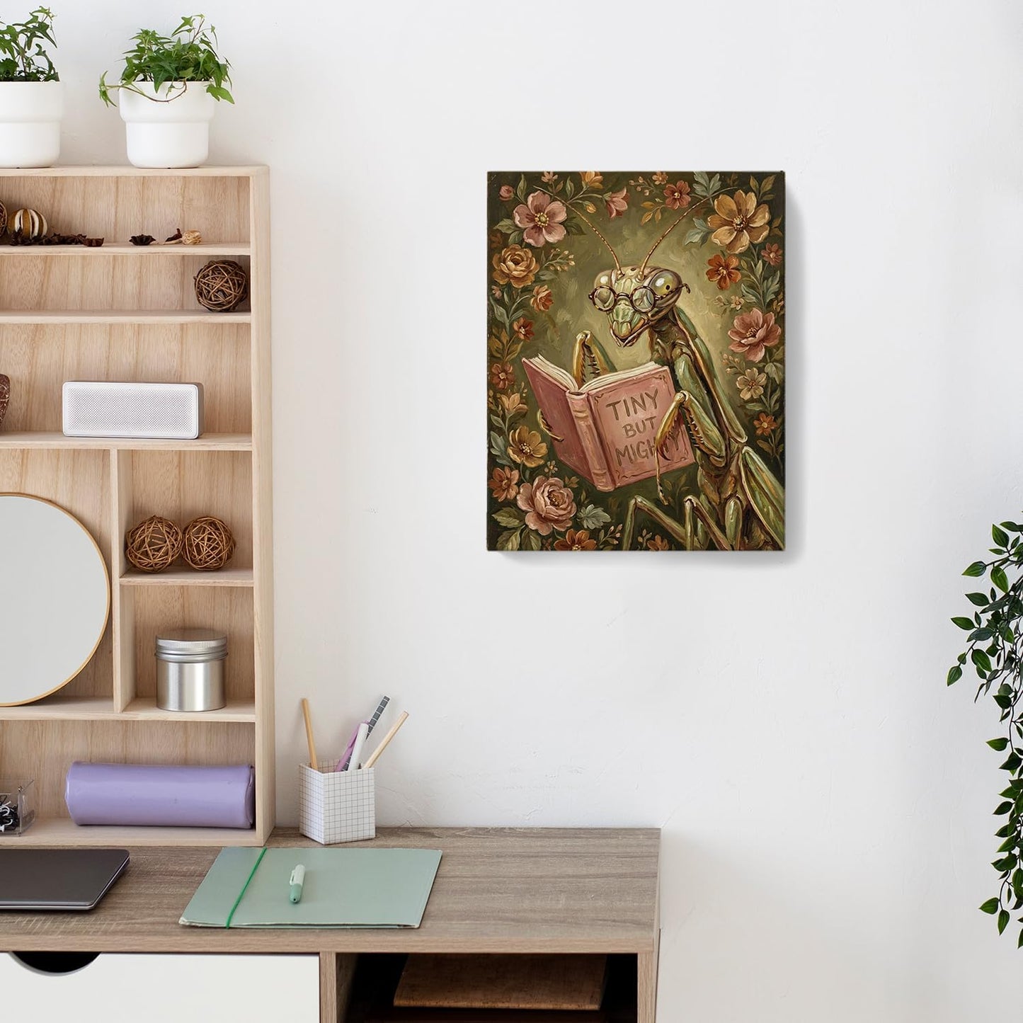 TAZSWDMM Mantis Reading Book Framed Canvas Wall Art Posters, Tiny But Mighty Inspirational Insect Bookish Wall Art Prints for Reading Room Library Book Nook Office Decor, 11x14 Inch