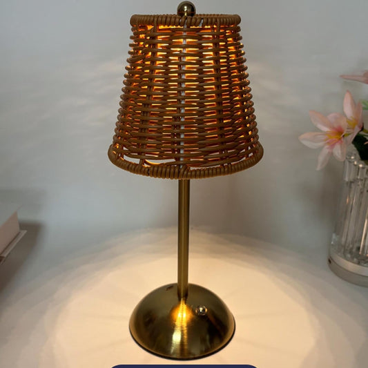 Rattan Table Lamp, Vintage Rattan LED Rechargeable Reading Light, 3 Color Temperatures Dimmable Bedside Lamp, Wicker Night Light for Bedroom, Living Room, Office (Brown Lampshade)