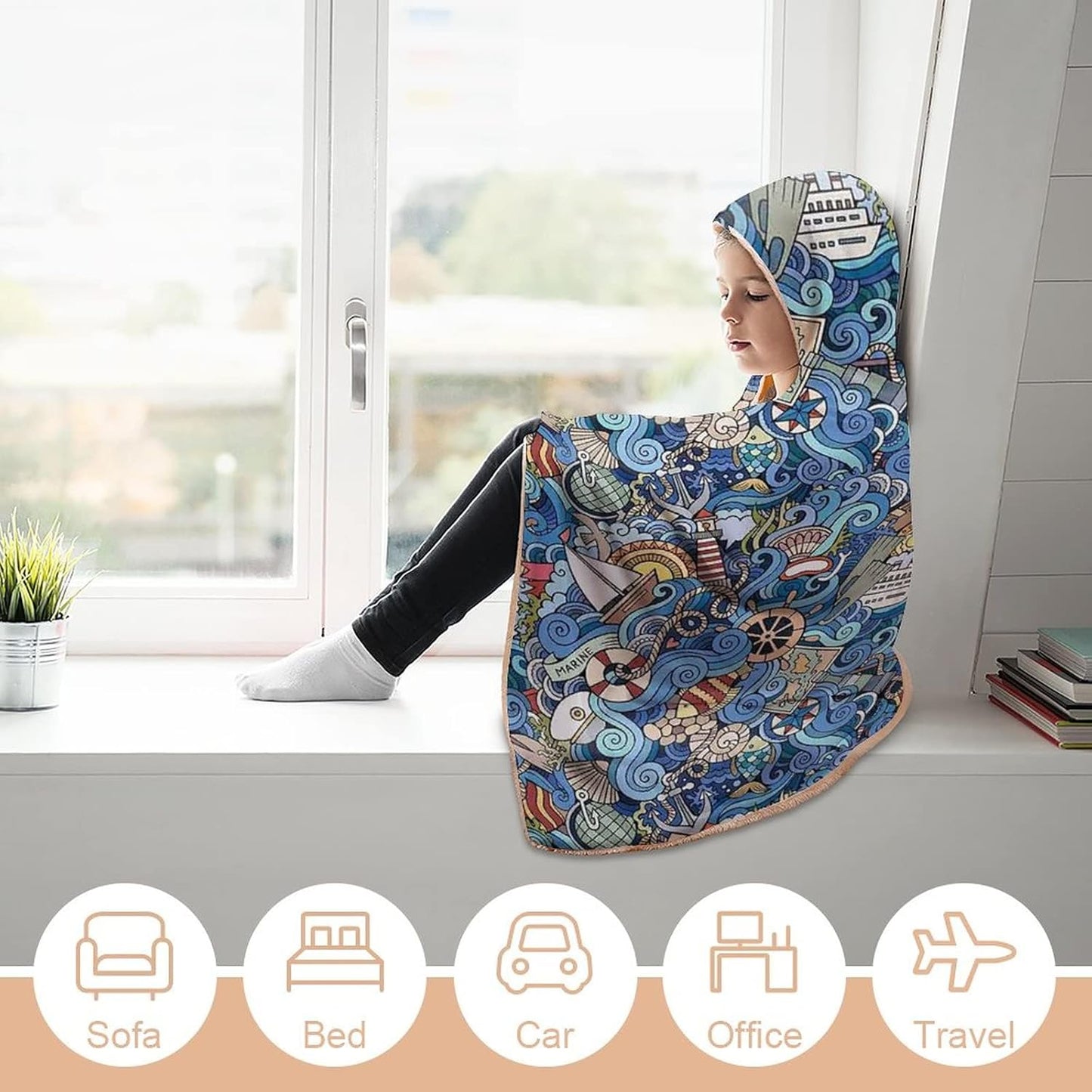 Throw Blankets, Nautical Decor Women Men Hooded Blanket, Abstract Pattern Sea Shells Sea Horse, Soft Warm Cozy, 50 x 60inches, Studying Reading Snuggling Napping Office, Multicolor