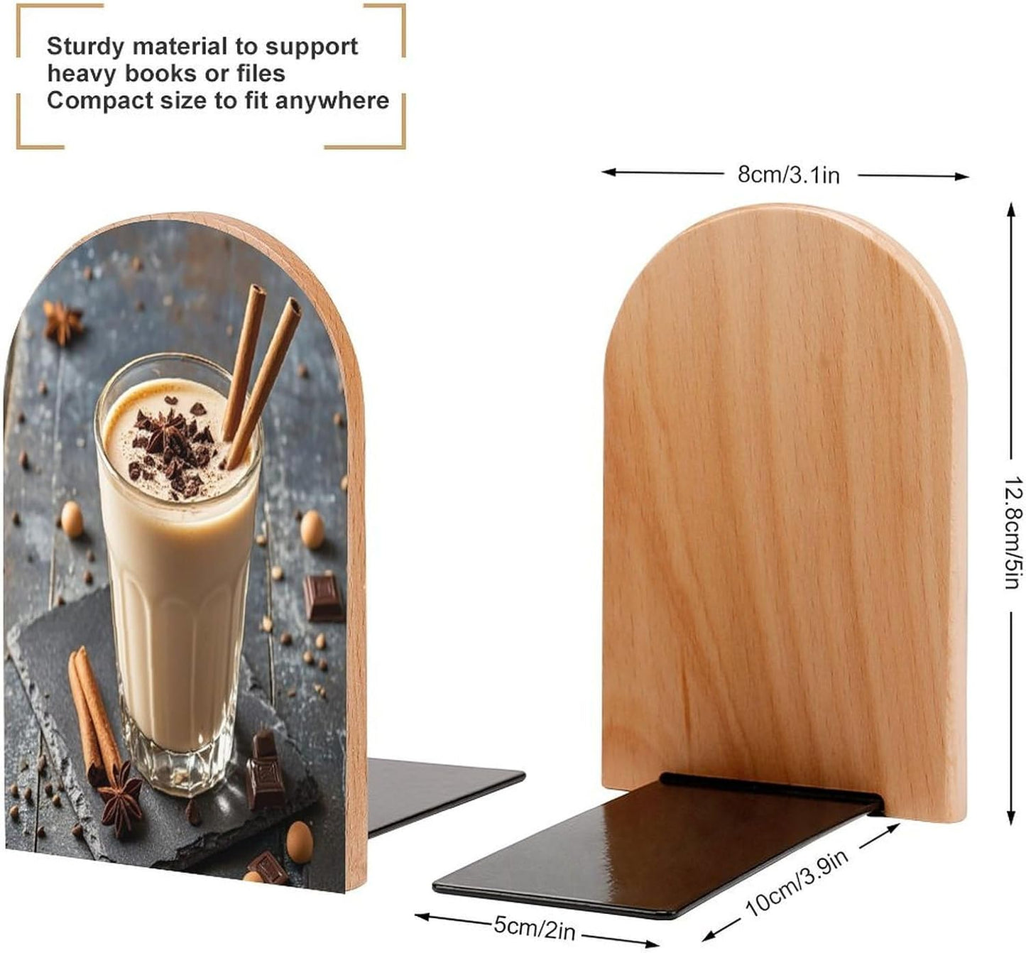 Eggnog Bookends 1 Pair Heavy Duty Book Ends for Shelves Non-Skid Bookend Supports Wooden Book Holders with Metal Base Desk Organizers Books Storage to Hold Books