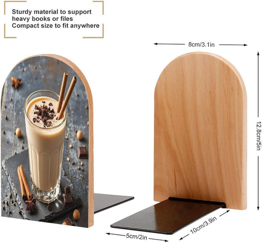 Eggnog Bookends 1 Pair Heavy Duty Book Ends for Shelves Non-Skid Bookend Supports Wooden Book Holders with Metal Base Desk Organizers Books Storage to Hold Books