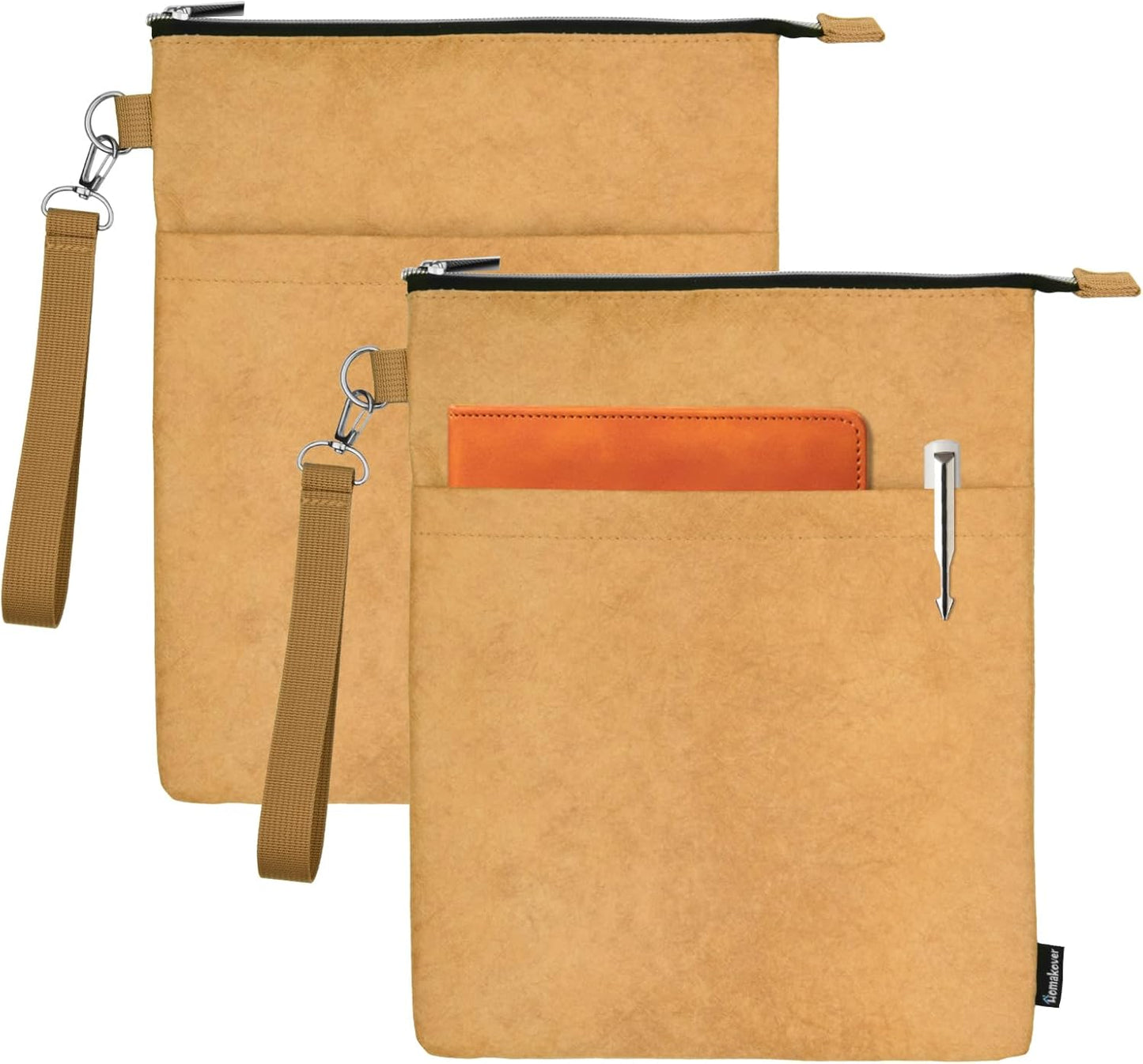 Book Sleeves with Zipper, Travel Book Waterproof Protector Pouch for Hardcover Books, Book Covers Bags Carry Case/Front Pocket & Handle Strap for Book Lovers Mother's Day Readers, Tyvek Paper, 2 Pcs