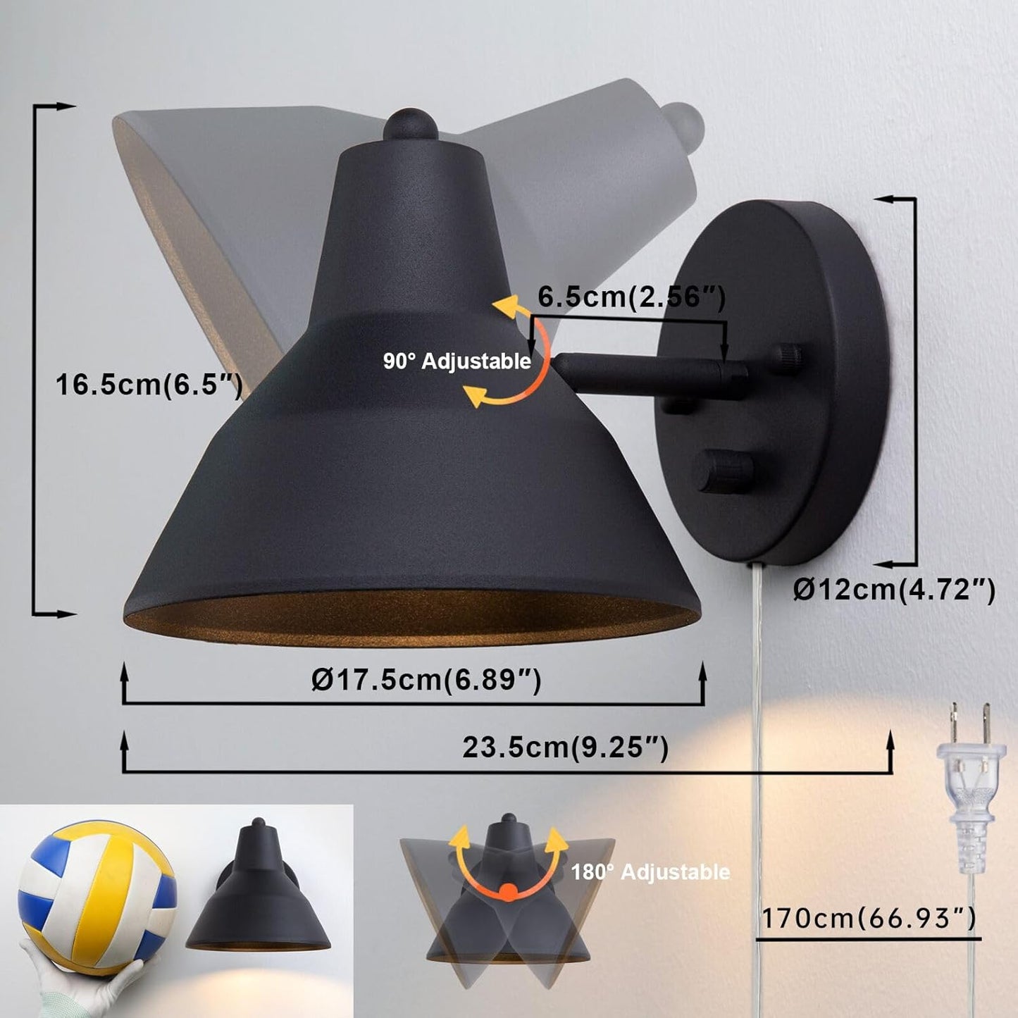 Yosoan Plug in Wall Sconce with Dimmer Switch, Brass Indoor Modern Adjustable Light Angle Wall Light Lamp with 6.89" Bowl Metal Shade Reading Lighting for Living Room Bedroom Painting Hallway(Black)