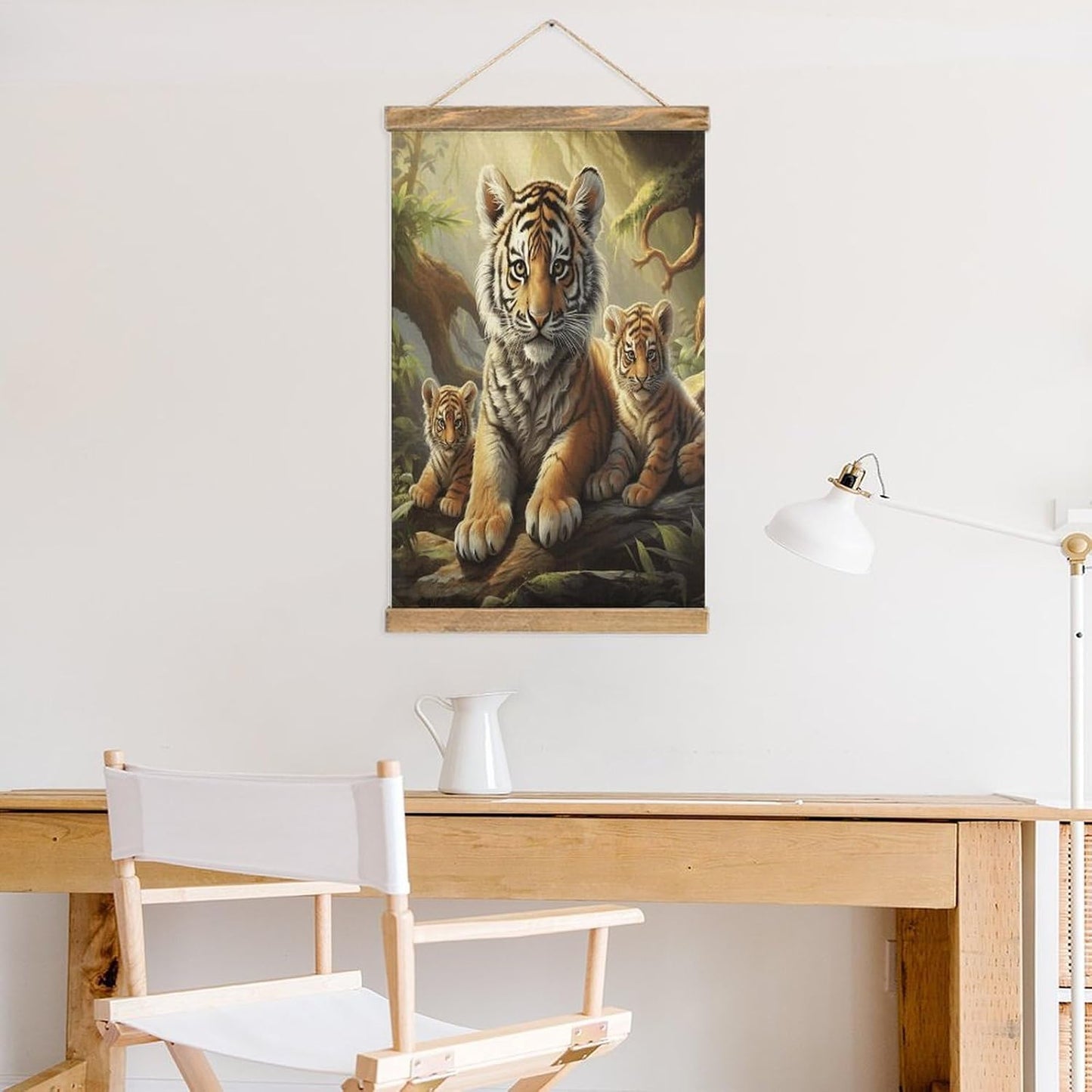 Vintage Jungle Tigers Cub Poster with Wooden Frame Personalized Linen Hanging Scroll Painting Rustic Wall Hanging Illustrative Modern Artwork Decor for Home Living Room Bedroom Office