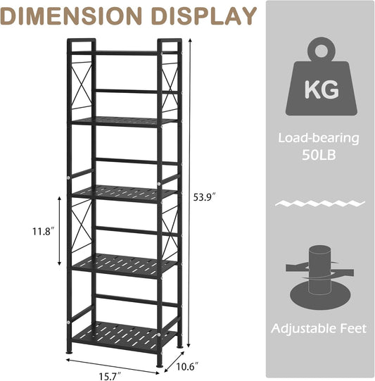 JSB 5 Tier Metal Bookshelf Bathroom Storage Standing Shelf Unit Kitchen Storage Organizer Display Rack Bookcases Shelves for Living Room, Bedroom, Office (Widen Black, 5 Tier)