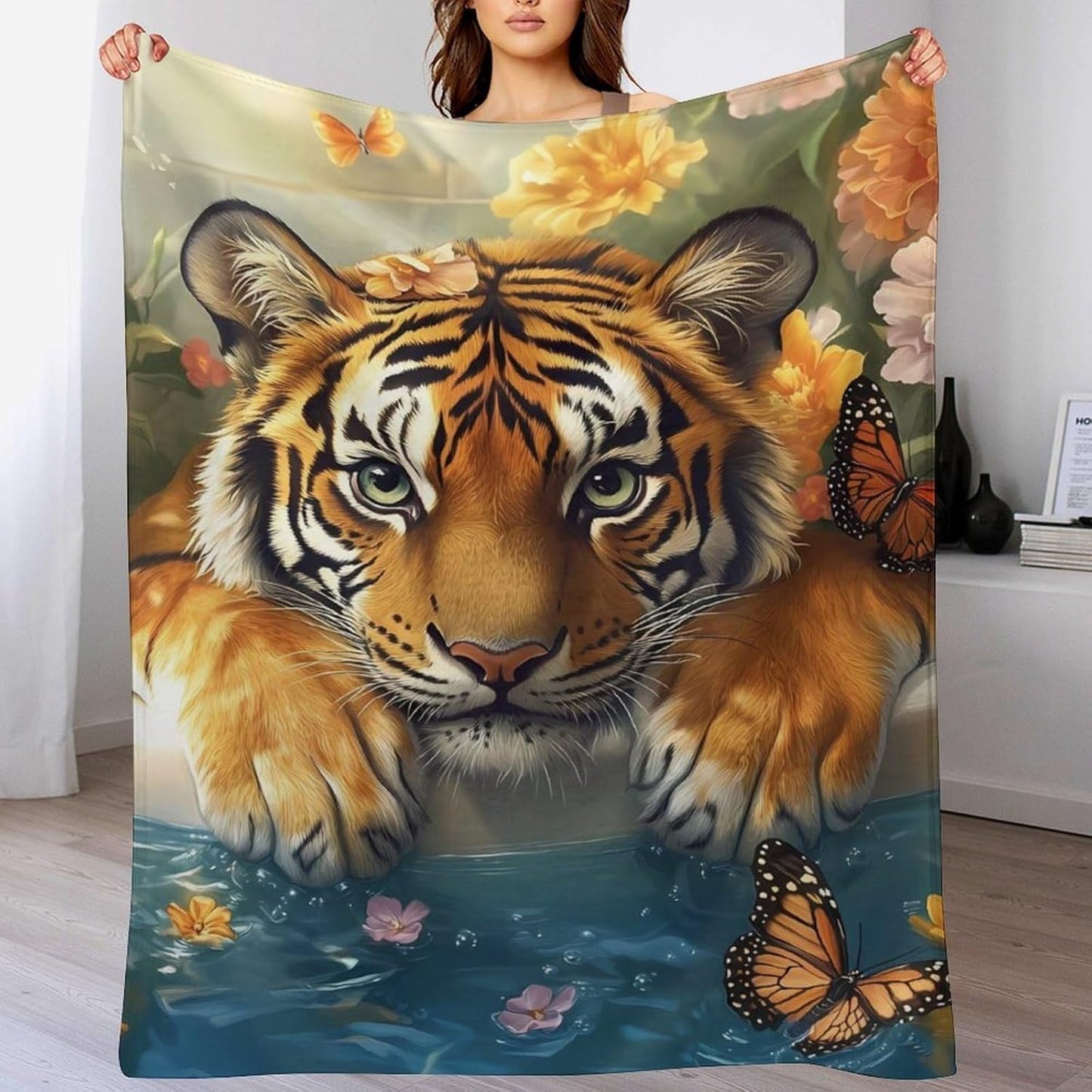 Funny Bathroom Tiger in Bathtub Throw Blanket for Couch Bed Plush Cozy Fuzzy Flannel Blanket for All Season 66"x90"