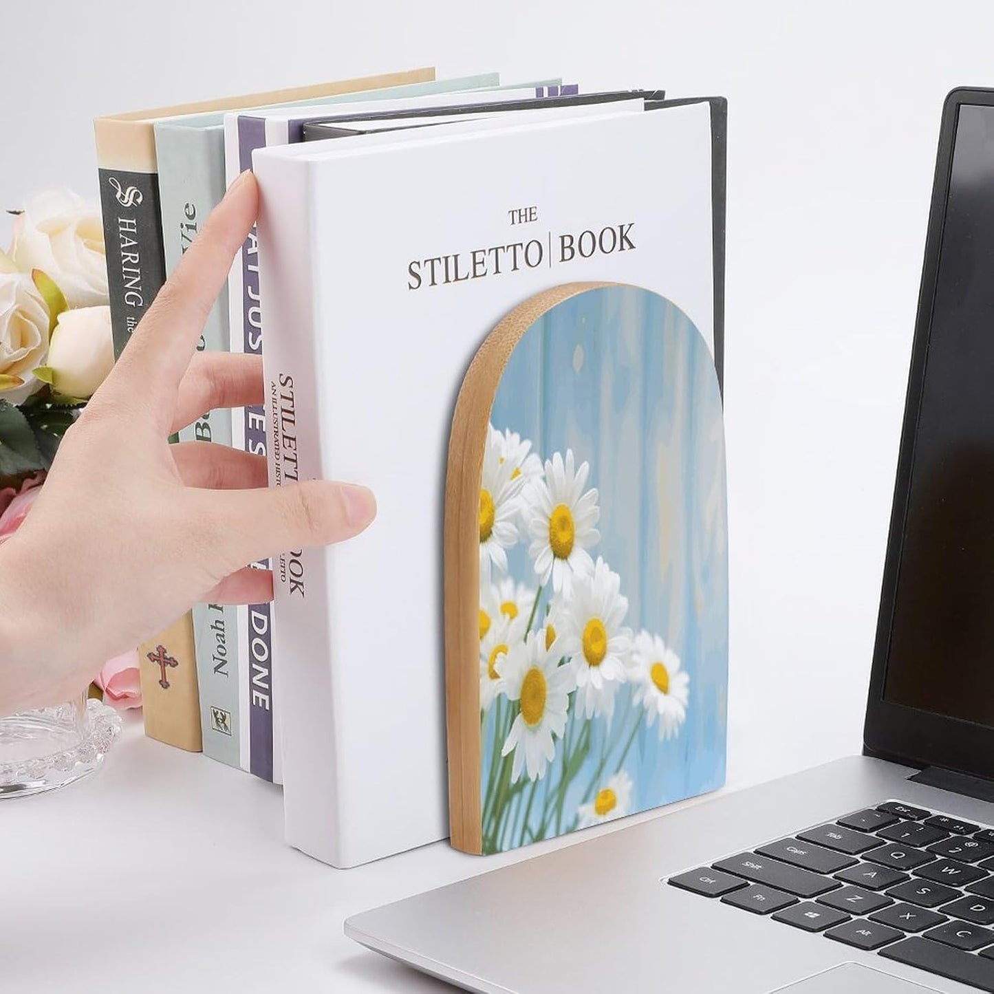 Non-Slip Bookend for Shelves Elegant Spring Daisy Flowers Wooden Bookends with Metal Base Decorative Book Stopper for Home Heavy Duty Wood Book Storage for Books/CDs