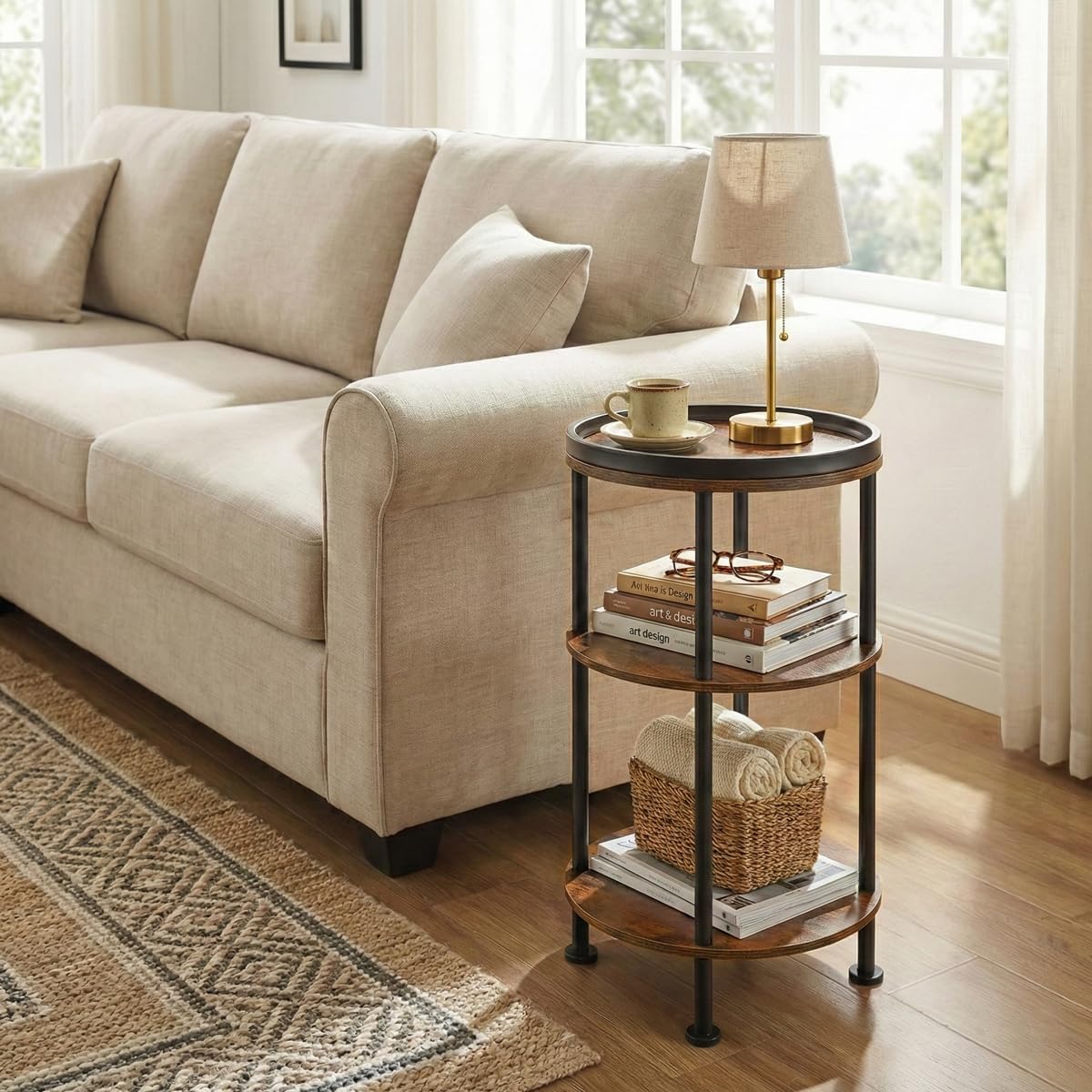 Small Round Side Table with Tray Top (Patented Design), 11.8" Narrow End Table for Small Spaces, 3-Tier Industrial Nightstand, Original Rustic Accent Furniture for Living Room Bedroom, Rustic Brown
