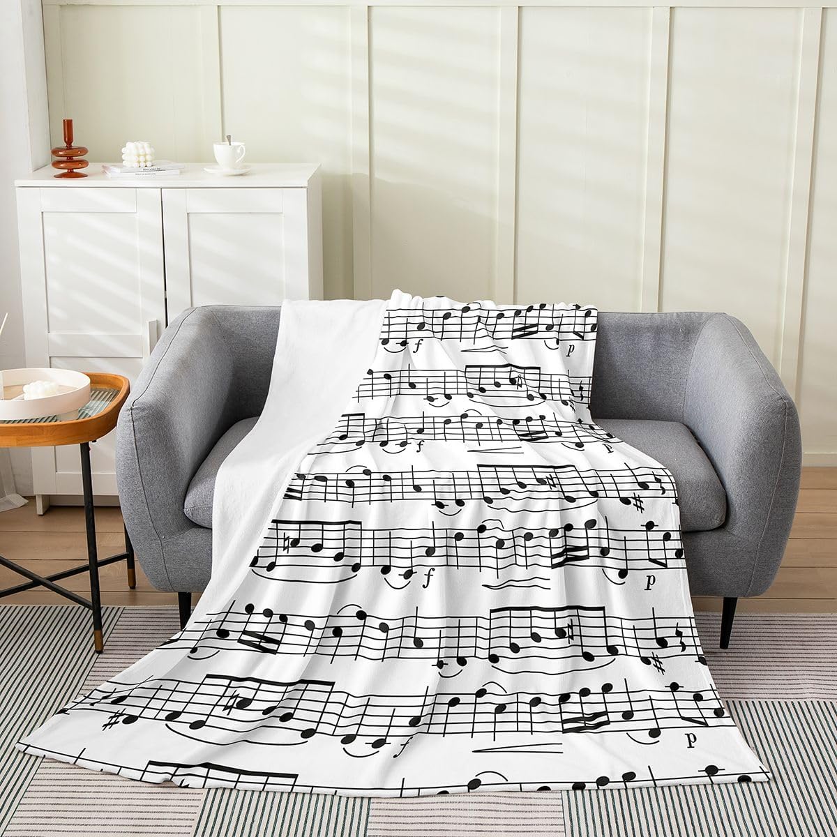 Music Throw Blanket for Music Lovers,Black White Music Notes Fleece Blanket All Season Soft Throw 50x60,Geometric Lines Art Fuzzy Blanket Lightweight,Teens Musician Flannel Blanket Living Room Decor