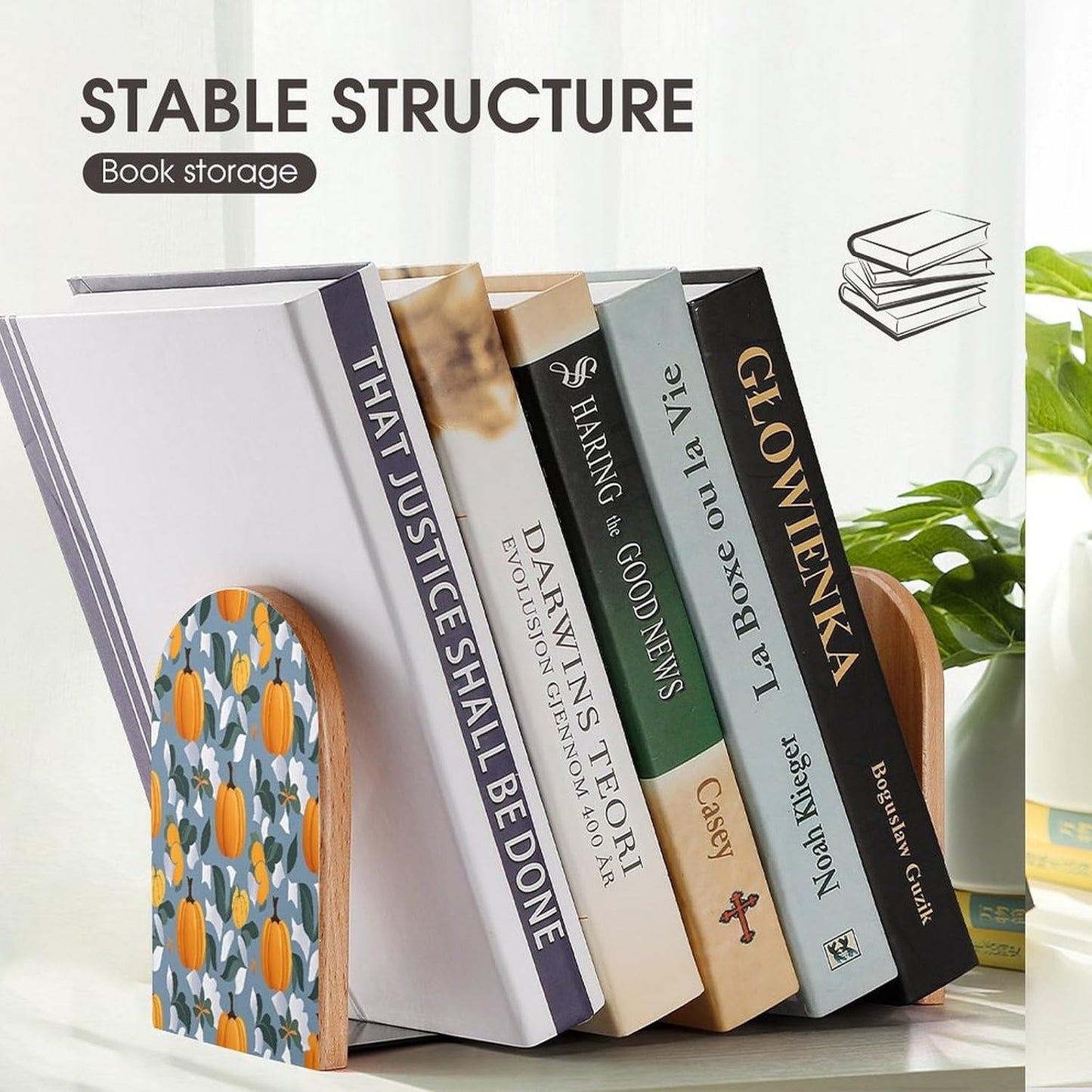 Orange Pumpkin Pattern Bookends 1 Pair Heavy Duty Book Ends for Shelves Non-Skid Bookend Supports Wooden Book Holders with Metal Base Desk Organizers Books Storage to Hold Books