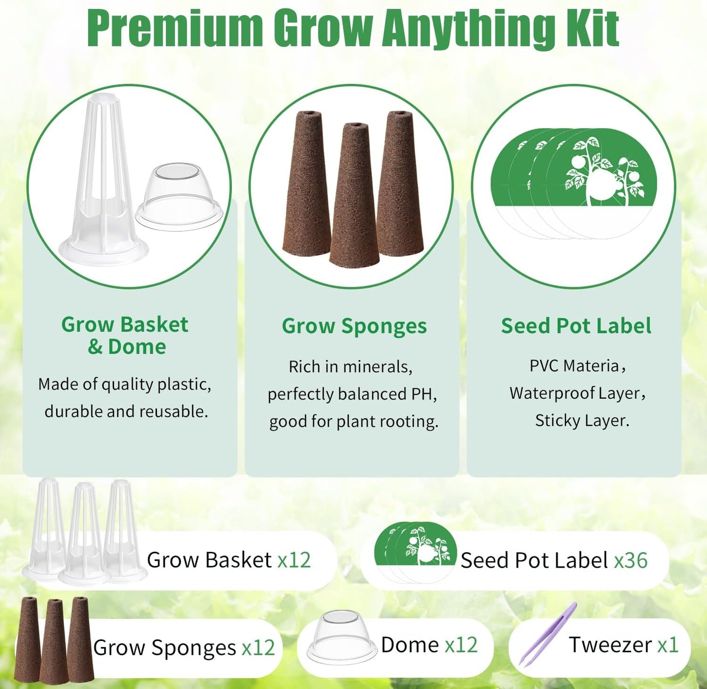 Seed Pod Kit Compatible with Aero Garden and All Brands - Grow Anything Kit for Indoor Garden Hydroponics Growing System with 12 Grow Sponges, 36 Pod Labels, 12 Plant Baskets Domes