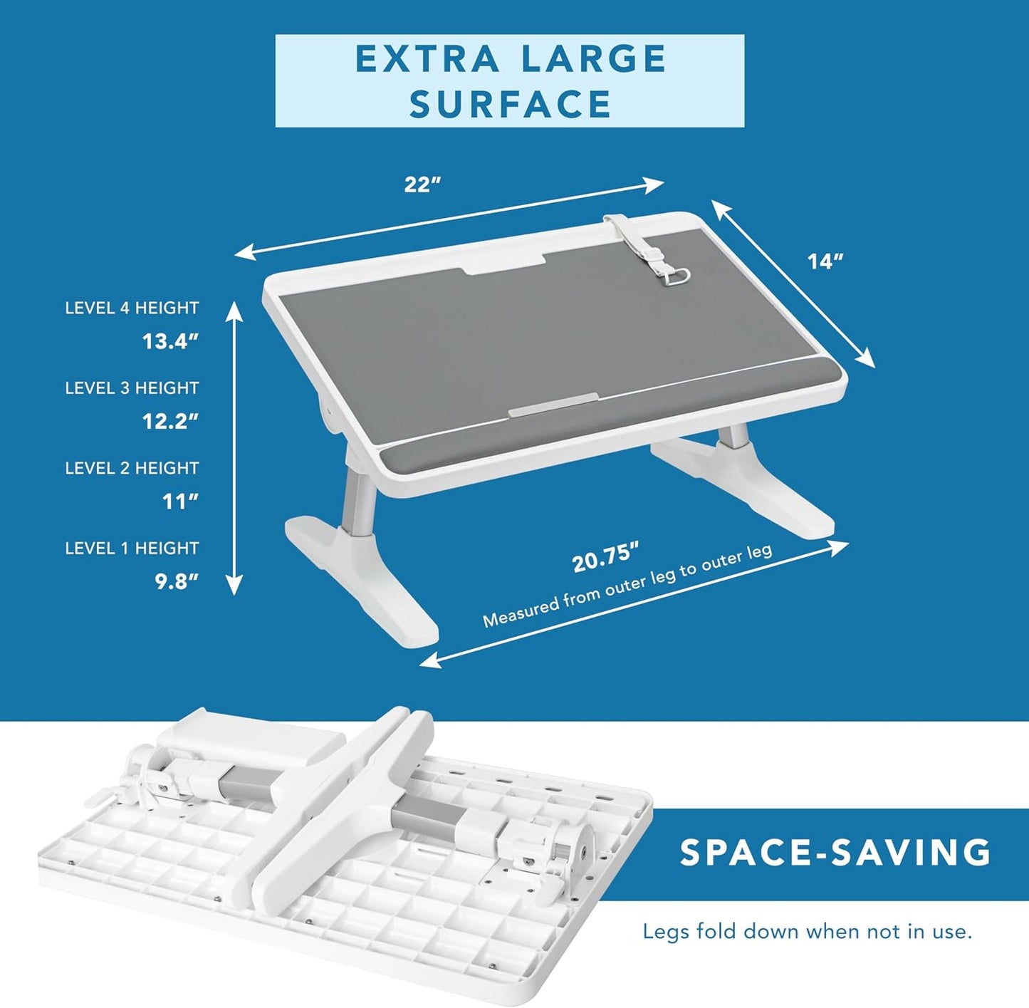 LAPGEAR Easy Tilt Leather Laptop Bed Desk with Adjustable Legs, Wrist Rest, Media Slot, and Built-in Storage - Gray - Fits up to 17 Inch Laptops - Style No. 78505