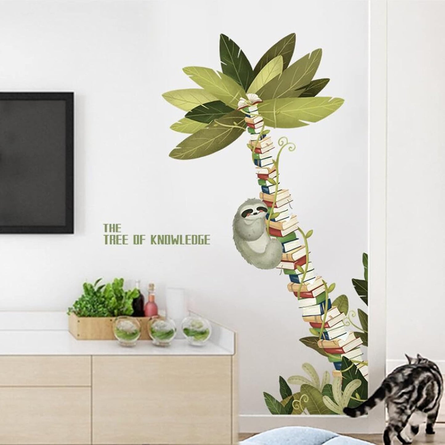 ROFARSO Large Tree Sloth Books Vinyl Wall Stickers Removable PVC Wall Decals Art Decorations Decor for School Library Bedroom Living Room Murals