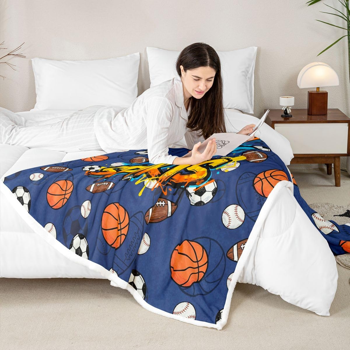 Feelyou Sports Throw Blanket Boys Soft Fleece Sherpa Cozy Fuzzy Plush Warm Football Baseball Basketball Soccer Fuzzy Plush Throw Ball Game Throw 50"x60" for Bed Couch Living Room