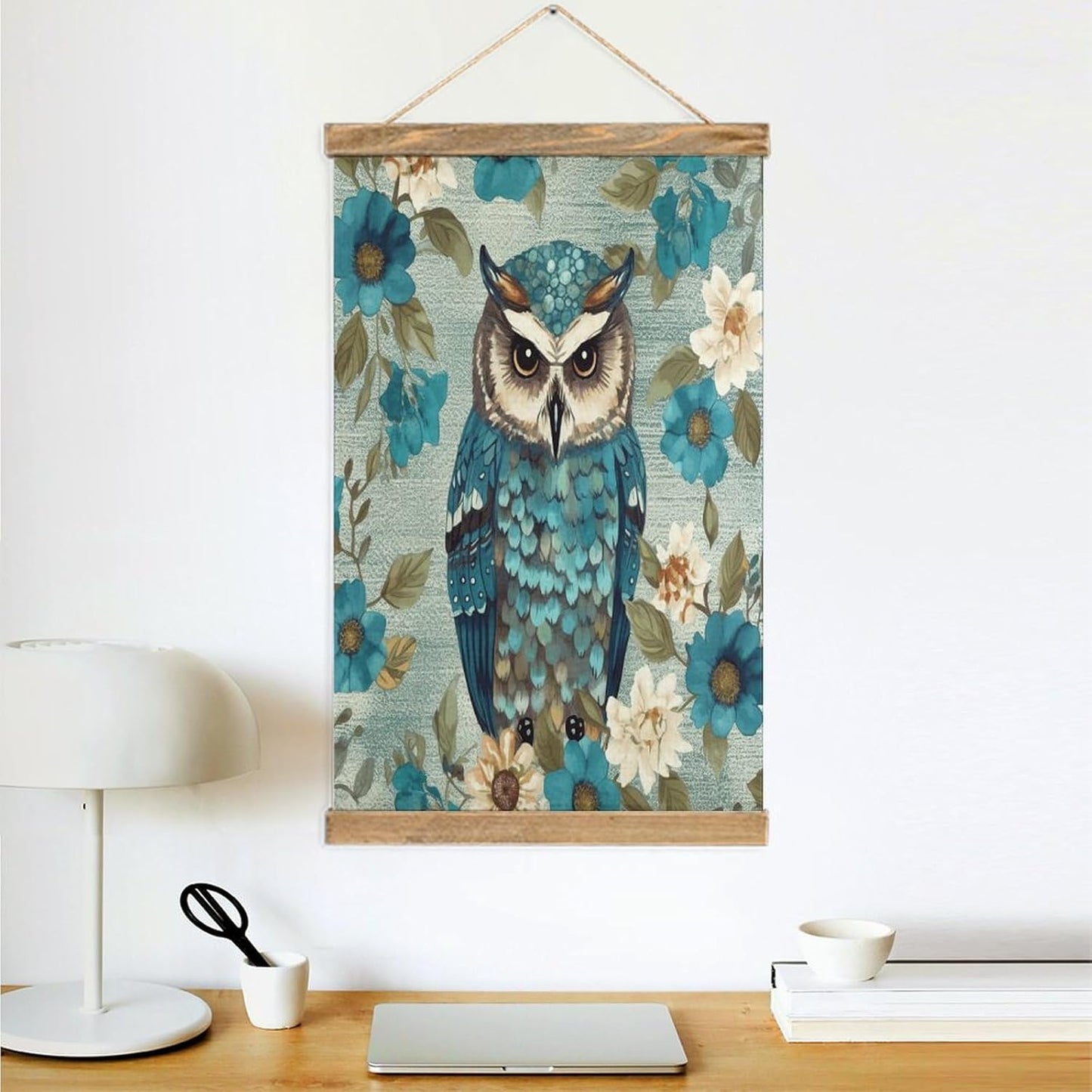 Vintage Owl Spring Flowers Turquoise Poster with Wooden Frame Personalized Linen Hanging Scroll Painting Rustic Wall Hanging Illustrative Modern Artwork Decor for Home Living Room Bedroom Office