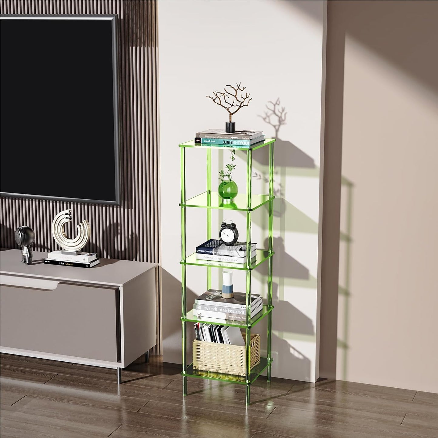 Acrylic Bookshelf, Small Bookcase, Standing Freestanding Corner Storage Shelves Display Shelf for Living Room, Bedroom (Green, 5 Tier)