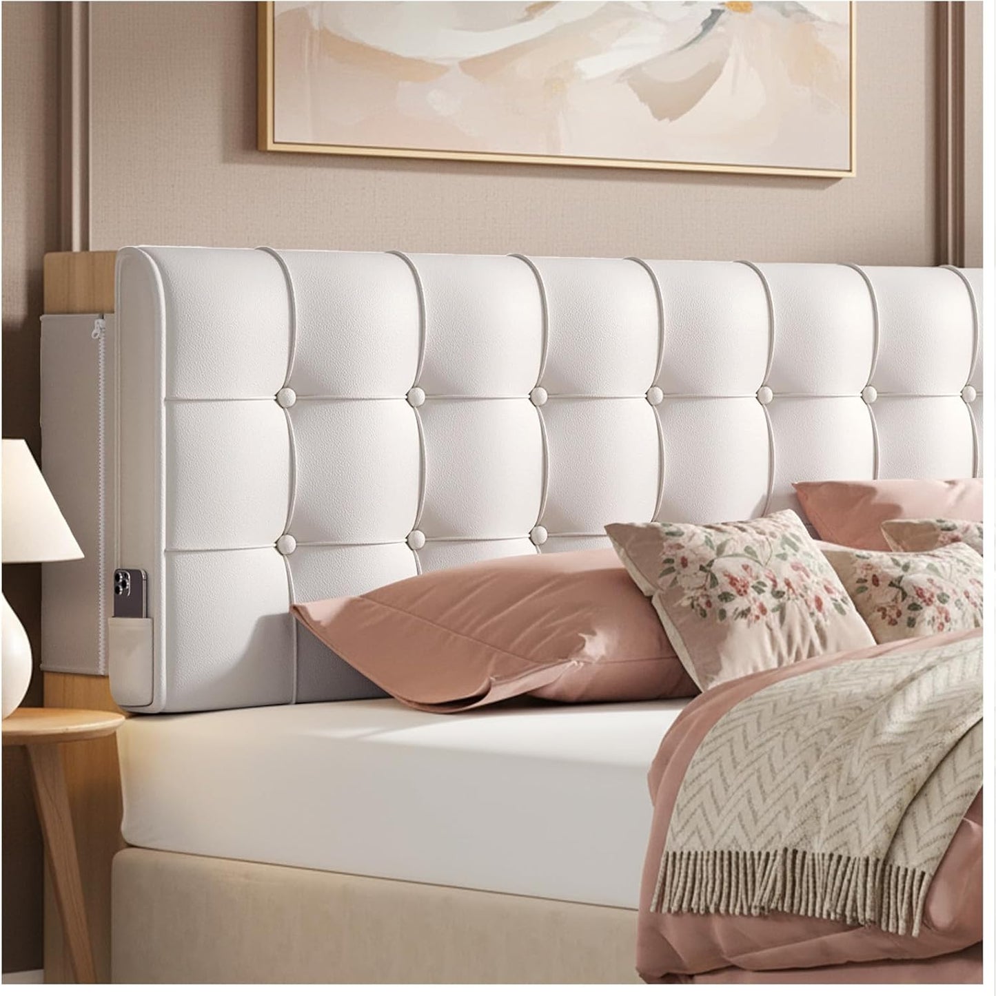 Twin Headboard, Tool-Free 60s Installation - 4" High-Density Foam Upholstered Headboard with Side Pockets, Non-Slip Linen Headboard for Dorm/Renter/Small Bedroom, Ivory Beige