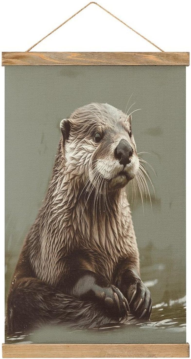 Vintage Otter Animal Poster with Wooden Frame Personalized Linen Hanging Scroll Painting Rustic Wall Hanging Illustrative Modern Artwork Decor for Home Living Room Bedroom Office