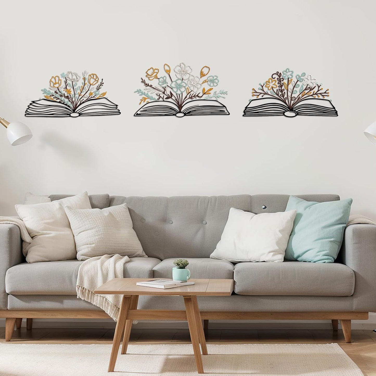 Honeydak 3 Pcs Reading Flower Book Wall Art Metal Library Wall Decor Sign Book Lovers Teacher Gift Silhouette Hanging Sculptures for Home Reading Room Office (Rustic Color,Elegant Style)