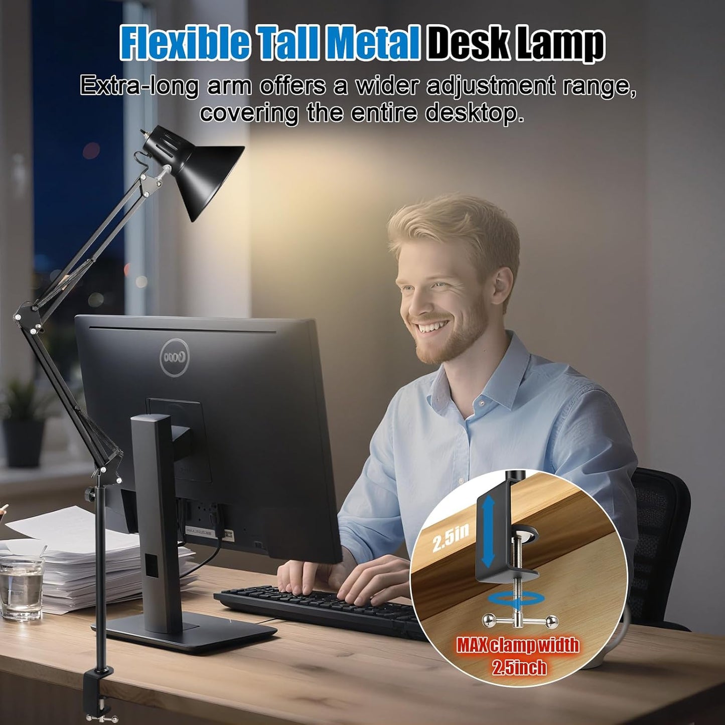 LED Clamp on Desk Lamp,360°Adjustable Swing Arm Desk Lamp,Clamp Light with Eye-Caring LED Bulb for Home Office Reading Drafting