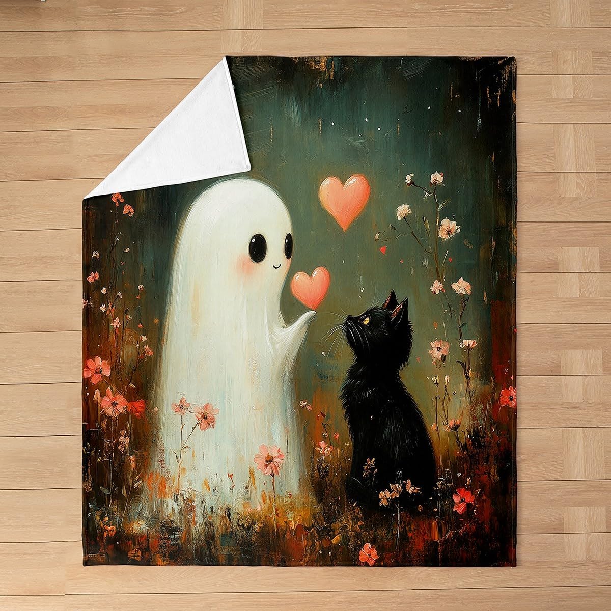 Cute Ghost Flannel Blanket Boys Girls,Halloween Ghost Black Cat Kawaii Fuzzy Blanket All Season Bed Blanket,Pink Love Hearts Romantic Floral Oil Paint Plush Blanket,Throw 50 x 60 Inches