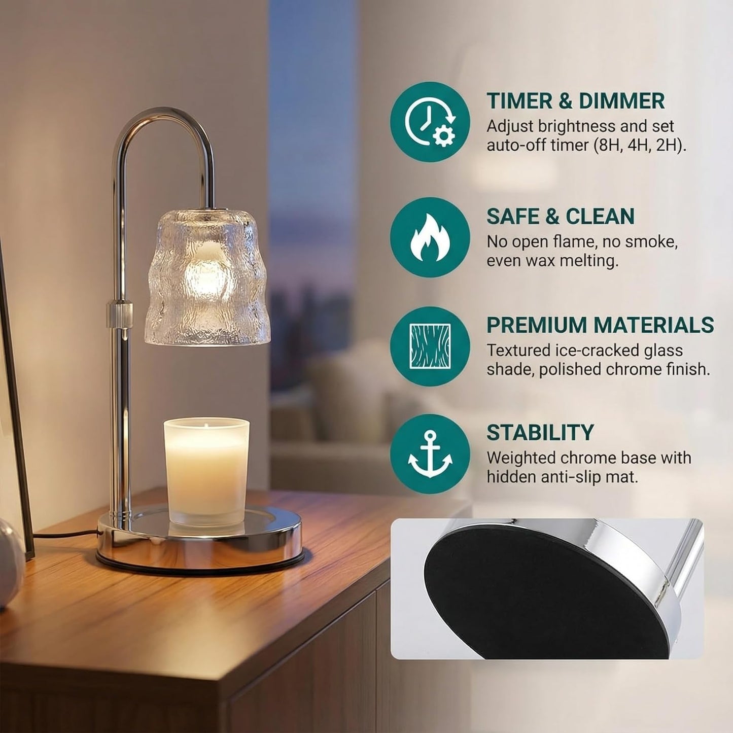 Candle Warmer Lamp with Timer & Dimmable,Candle Lamp Warmer with Ice-cracked Glass Shade,Gifts for Women valentine’s day, Adjustable Height Wax Warmer Lamp with 2 Bulbs for Jar Candles (Silver)