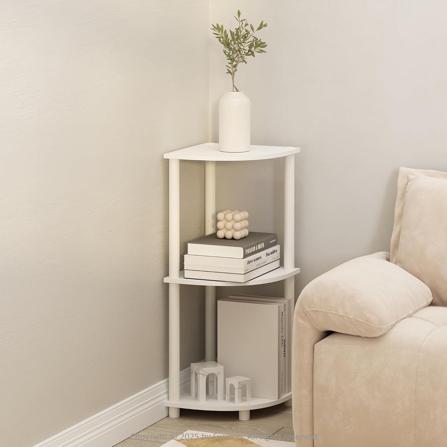 Furinno Turn-N-Tube Corner Shelf, 3-Tier Corner Bookshelf, Display Storage Shelves with Open Shelves, for Organization and Storage, Living Room, Home Office, Garage, White