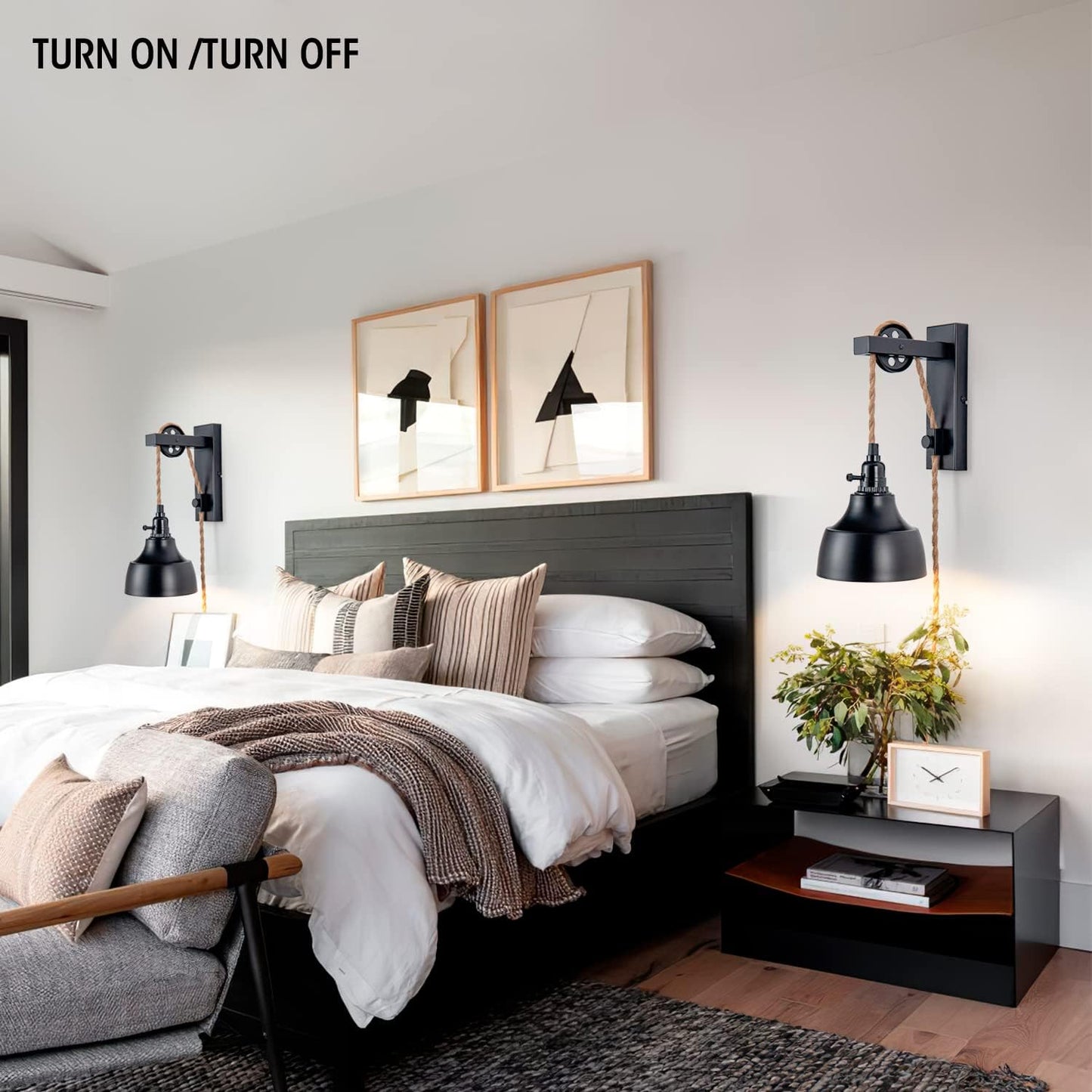 8FT Plug in Wall Sconces Pulley Wall Lamps Vintage Hanging Light Fixture Wall Lights with Plug in Cord On/Off Switch Set of Two Black Wall Lamp for Bedroom, Living Room and Hotel