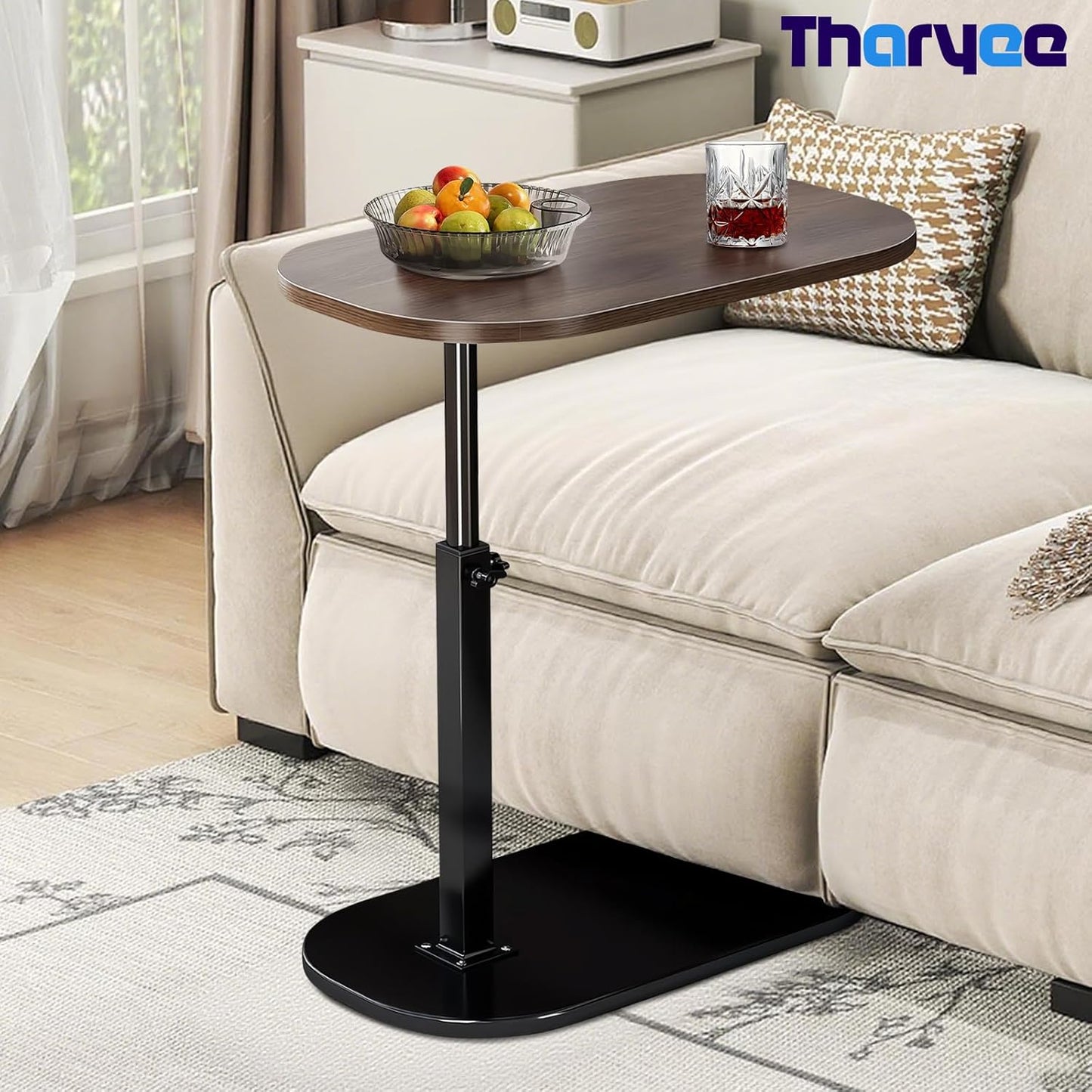 C-Shaped End Table, Adjustable Height Small Side Table for Couch, 360°Swivel Side Table Living Room and Bedroom for Sofa, Bed,Chair, Snack (Walnut)