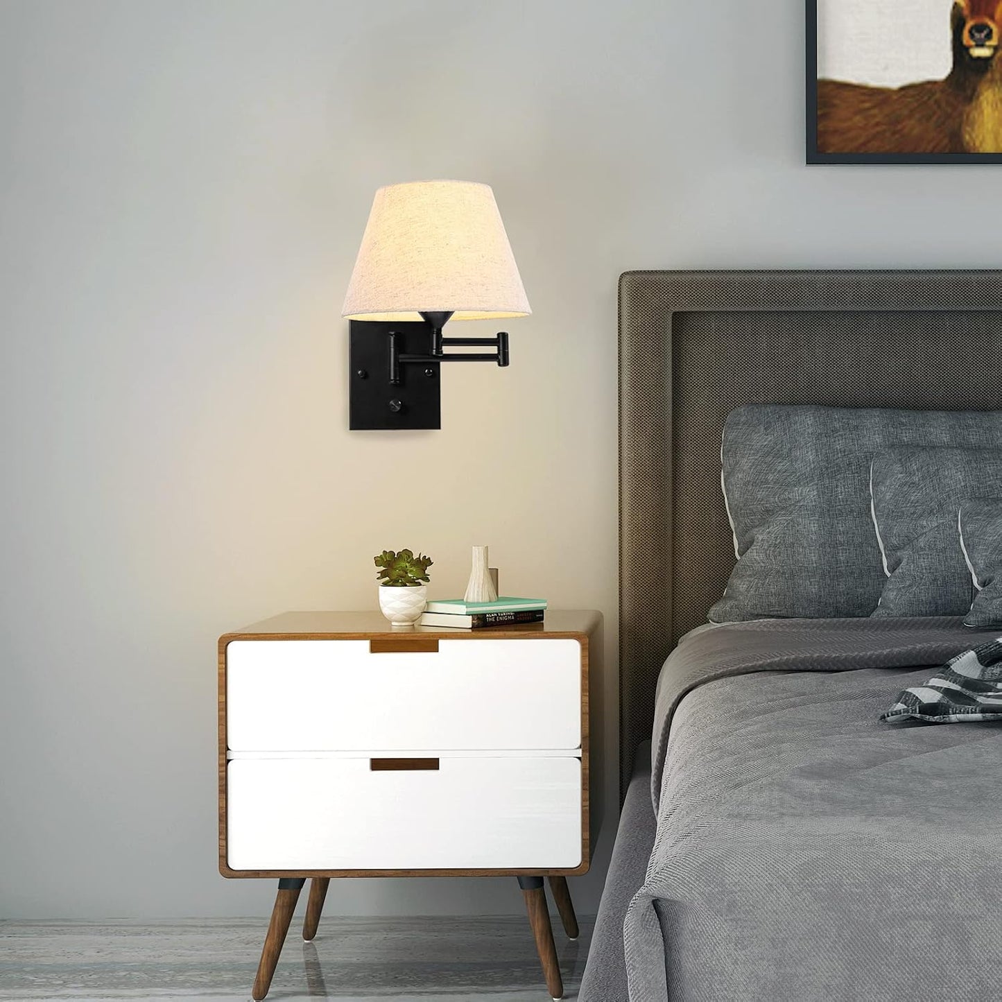 Pauwer Plug in Wall Sconce Set of 2 Swing Arm Wall Lamp with Plug in Cord and Fabric Shade Wall Light Fixtures for Hallway Bedroom Living Room (Beige Shade)