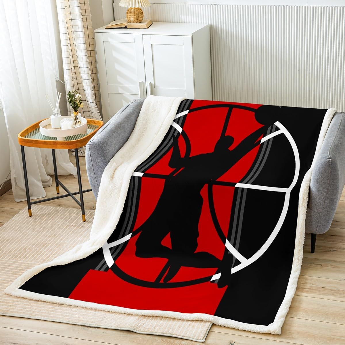 Basketball Bed Blanket Sports Games Throw Blanket Lightweight Soft Cozy Luxury Red and Black Fleece Blanket Basketball Court Flannel Blanket for Sofa Bedroom Office Travel All Season(Twin 60"x80")