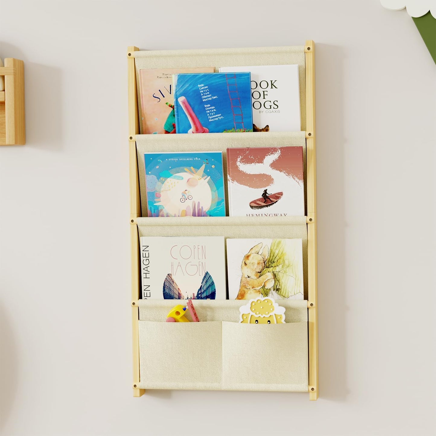 Wood 4-Tier Wall Mounted Kids Bookshelf – Floating Book Shelf For Kids Rooms,Nursery & Classroom, Hanging Bookcase Organizer For Books, Toddler Book Shelf, Montessori Bookshelf, Nursery Shelves