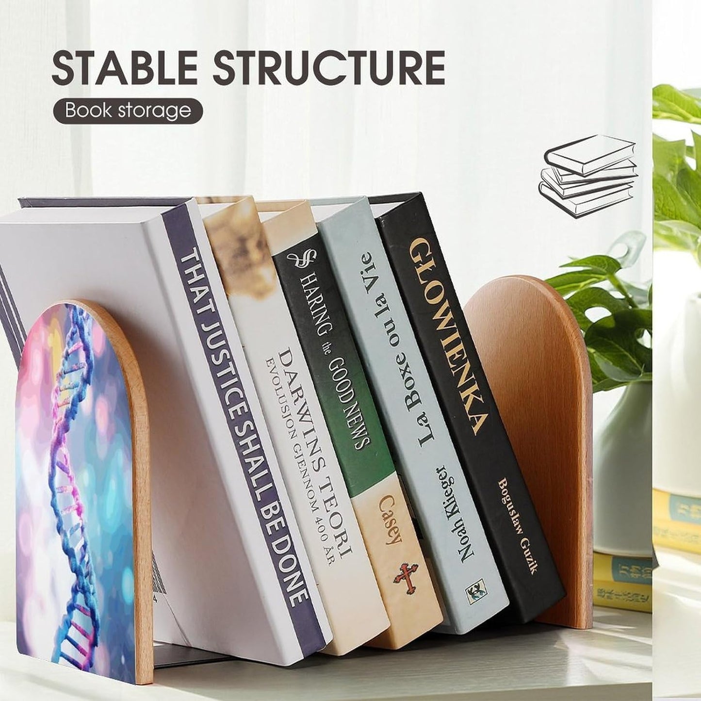 DNA in Bookend for Shelves Wooden Book End Large Size Sturdy Book Holders Stoppers with Metal Base for Bookshelves Slick Decorative Bookends Stands