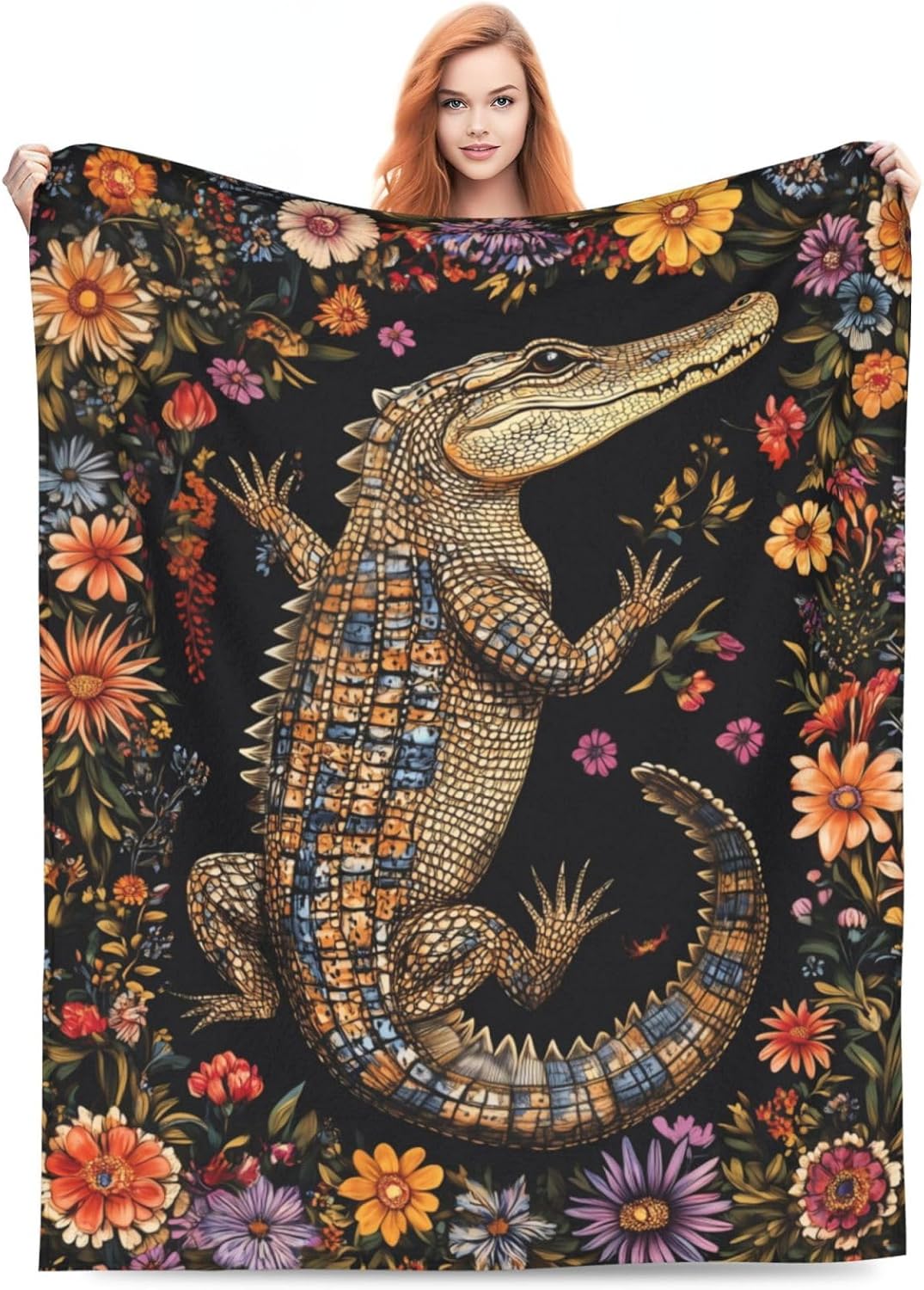 Alligator Blanket for Kids Men Adults, Soft Lightweight Flannel Animal Floral Alligator Throw Blanket for Sofa Couch Bed Traveling Camping Alligator Gifts Idea, Plush Alligator Decor 50x60 inches