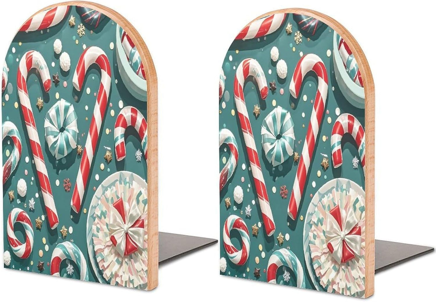 Christmas Candy Cane Bookends 1 Pair Heavy Duty Book Ends for Shelves Non-Skid Bookend Supports Wooden Book Holders with Metal Base Desk Organizers Books Storage to Hold Books