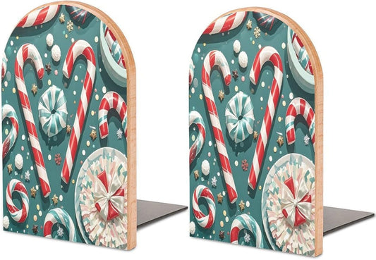 Christmas Candy Cane Bookends 1 Pair Heavy Duty Book Ends for Shelves Non-Skid Bookend Supports Wooden Book Holders with Metal Base Desk Organizers Books Storage to Hold Books