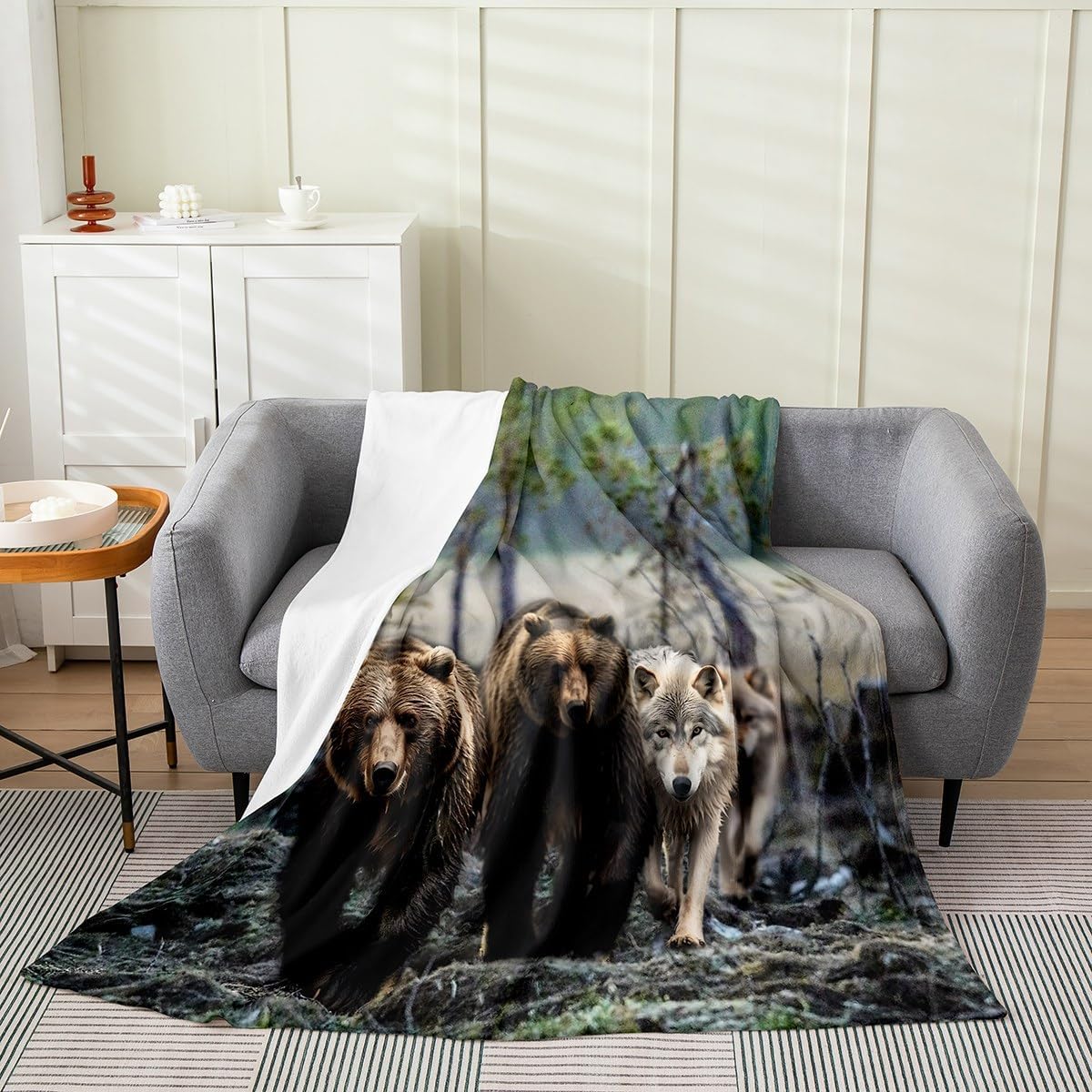 Bear Fleece Blanket Queen Size, Wolf Fuzzy Blanket for Sofa Bed Couch, Black White Woodland Animals Throw Blanket Wildlife Theme, Mammal Silhouette with Mountain Landscape Soft Plush Bed Blanket