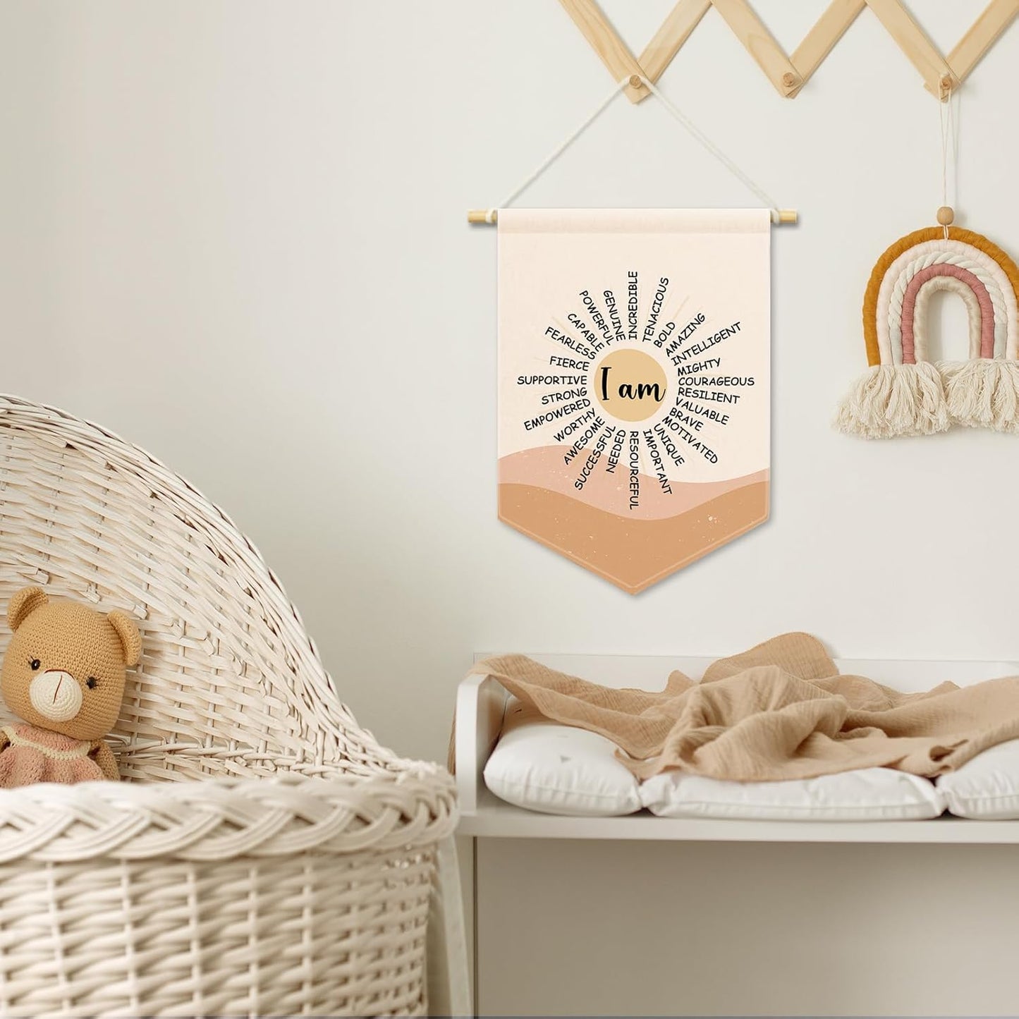 Boho Sun Inspirational Kids Room Decor, Nursery I Am Strong Amazing Banner Canvas, Positive Classroom Wall Hanging Frame Decor Art Pennant Flag for Playroom Toddler Room Preschool 11x15in