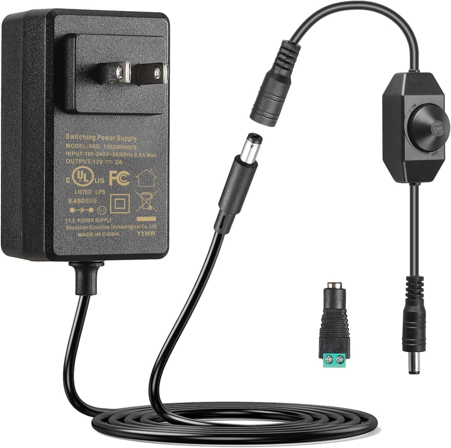 12V 2A Power Supply Class 2 UL Listed with LED Dimmer Switch,24W 100-240V AC/DC 12Volt 2Amp 1.5A 1A Adapter Power Supply with 5.5mm x 2.1 DC Jack Connector for LED Strip Light & Other Device