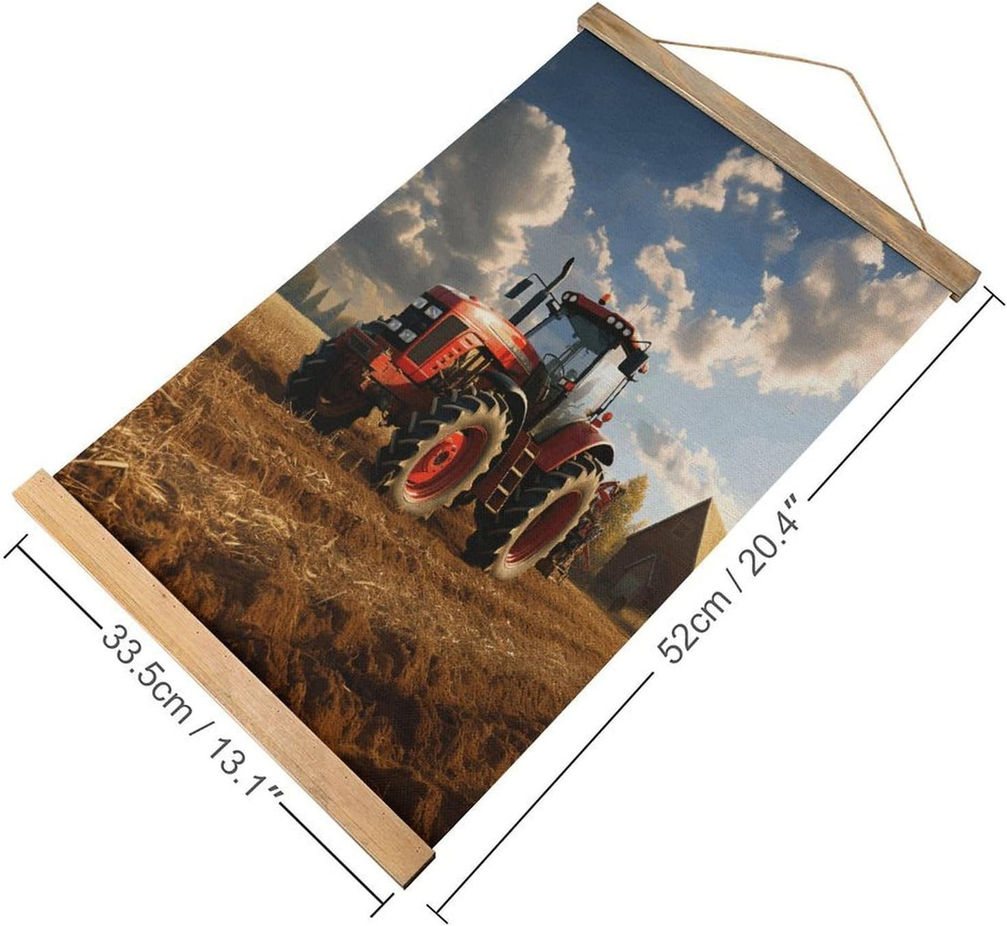 Vintage Fantasy Farm Tractor Poster with Wooden Frame Personalized Linen Hanging Scroll Painting Rustic Wall Hanging Illustrative Modern Artwork Decor for Home Living Room Bedroom Office