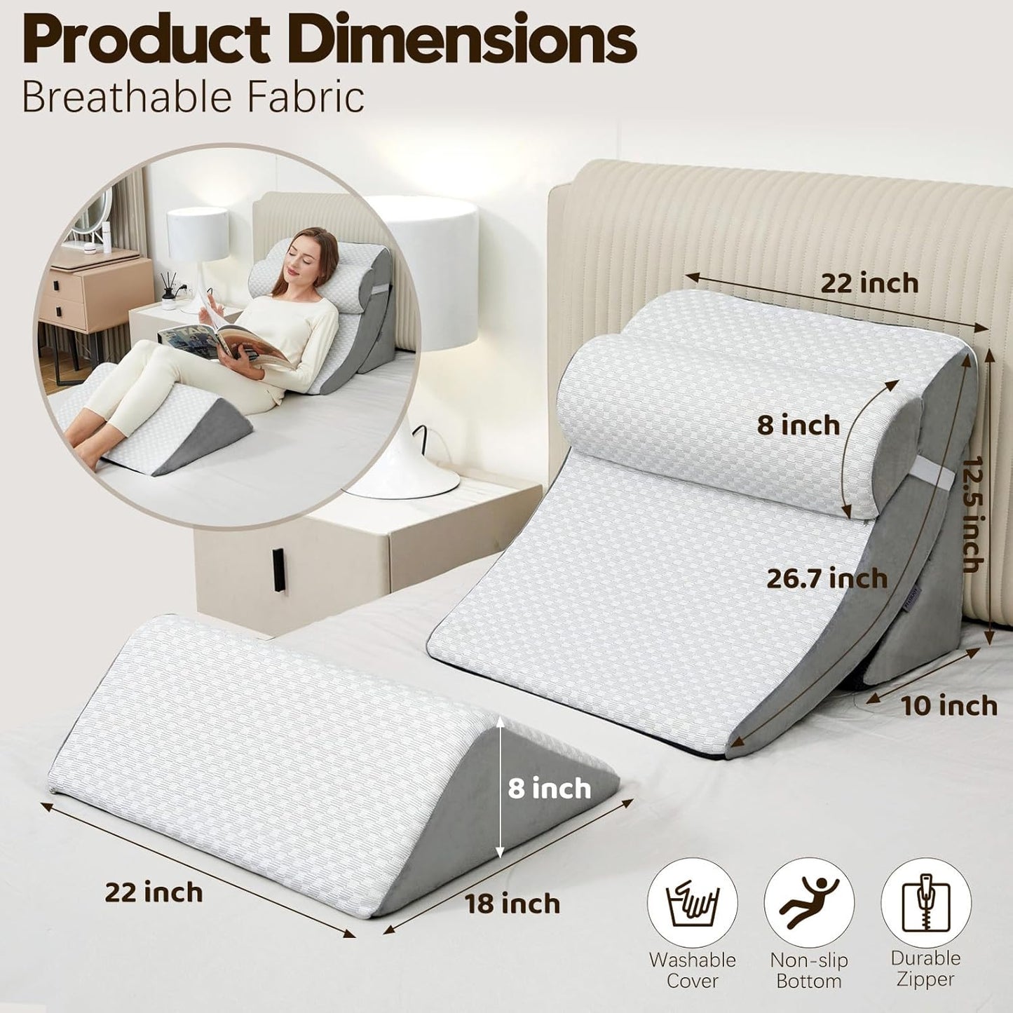 4pcs Wedge Pillow Set for After Surgery,Bed Wedge Pillows for Sleeping,Post Surgery Recovery， 45 Degree Wedge Pillow for Acid Reflux Relief and Anti-snoring，