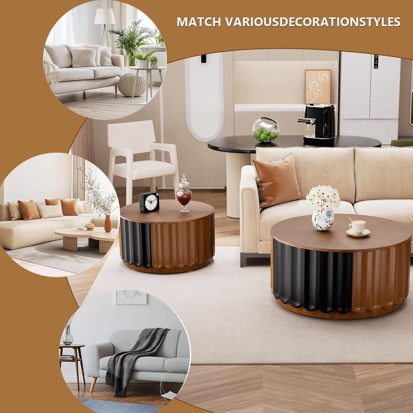Fluted Round Nesting Coffee Table Set of 2, with Storage Mid Century Modern Wood Coffee Tables,Circle Side Table Minimalist Center Tables for Living Room, Office (A1)
