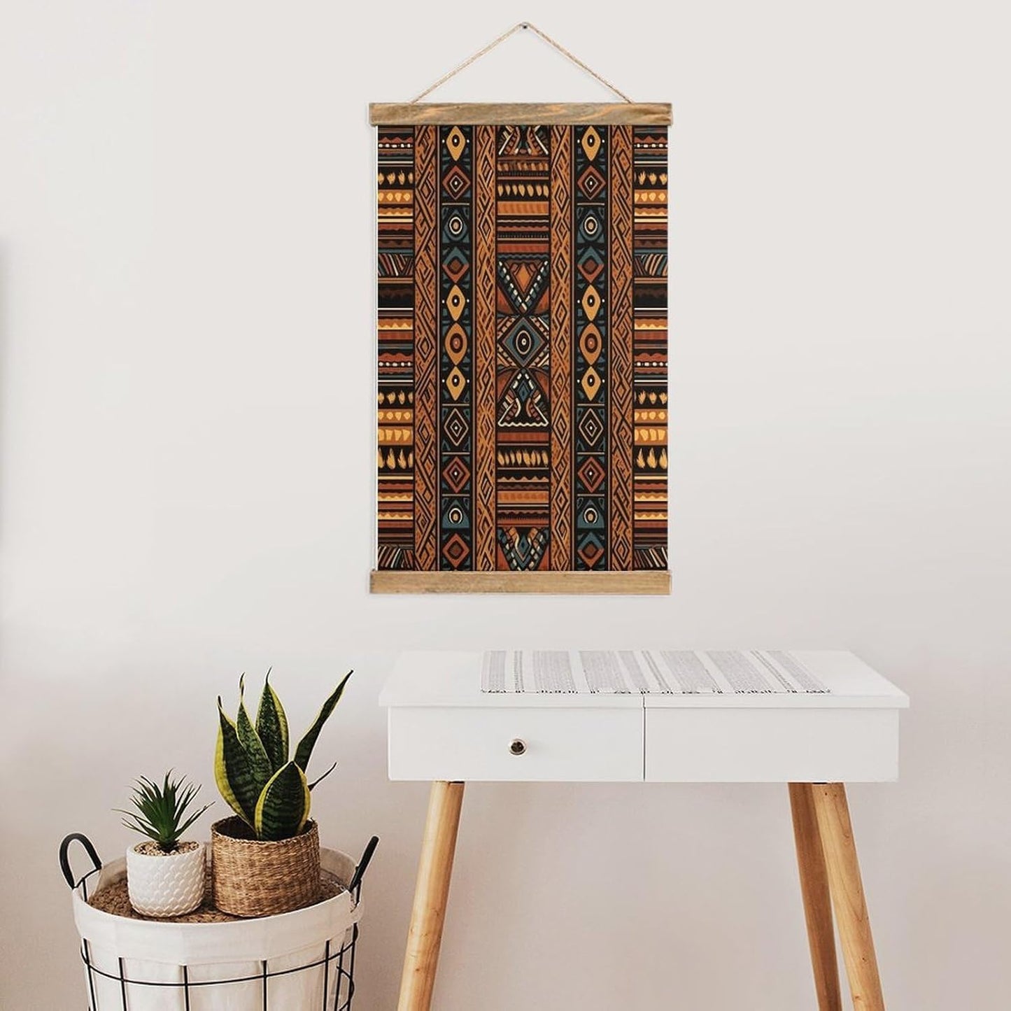 Vintage Traditional African Design Pattern Poster with Wooden Frame Personalized Linen Hanging Scroll Painting Rustic Wall Hanging Illustrative Modern Artwork Decor for Home Living Room Bedroom Office