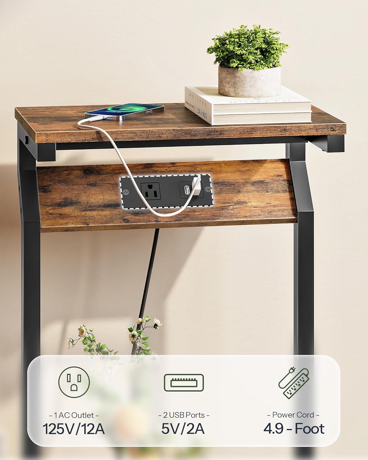 Narrow Side Table with Charging Station, 27" Skinny End Table for Small Spaces, Couch Table with Storage, Slim Tray Table with USB Ports, for Living Room, Bedroom, Rustic Brown TBZ27UBF