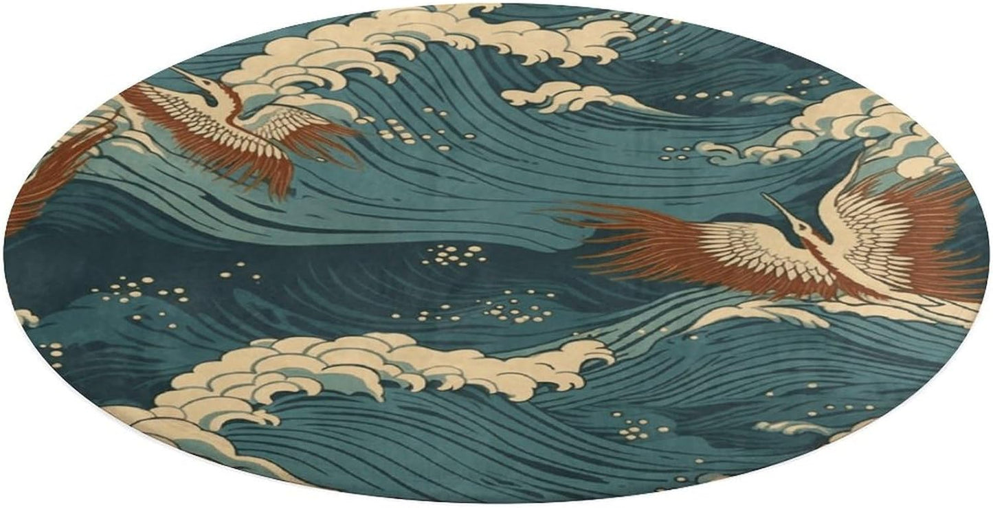 Japan Wave Wallpapers Circle Rug Retro Luxury Coral Velvet Floor Mat Non Slip Soft Indoor Floor Carpet Comfy Thickened Area Rugs Modern Aesthetic Minimalist Carpets for Home Decor