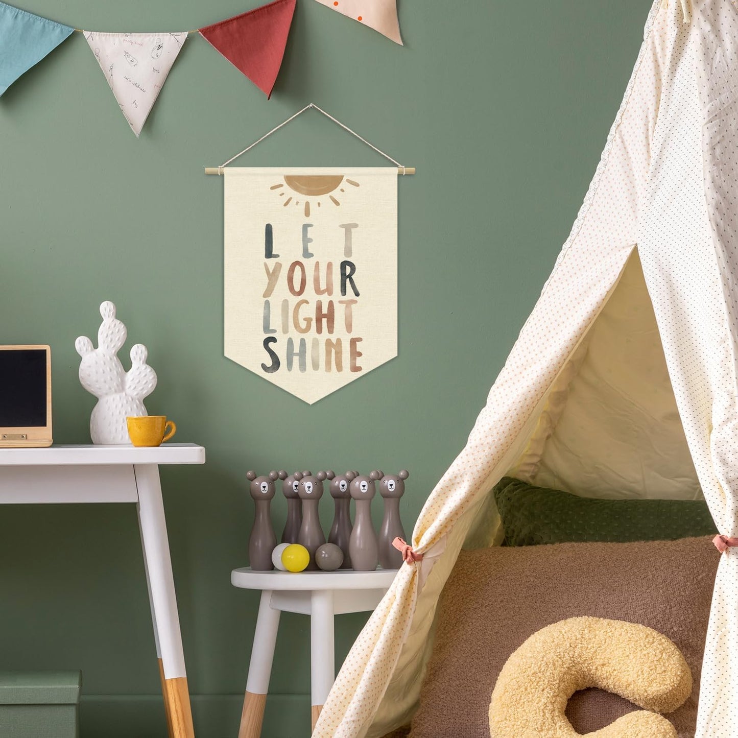 Inspirational Christian for Nursery Wall Decor,Let Your Light Shine for Kids Wall Art Canvas Banner,Boys Girls Room Wall Hanging Pennant Flag Canvas Banner for Classroom Playroom Bedroom 15x11in